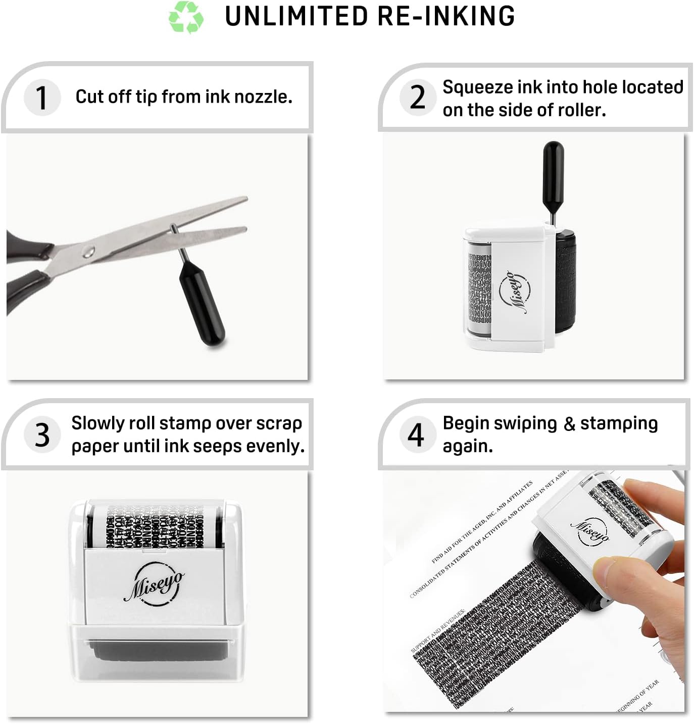 Miseyo Wide Identity Theft Protection Roller Stamp Set - White (3 Refill Ink Included)