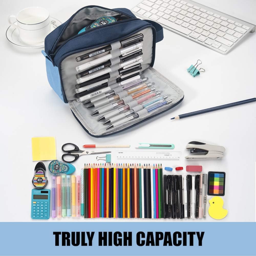 Sooez High Capacity Pencil Case, Big Pencil Bag Pouch Box Organizer Pen Case, Portable Journaling Supplies with Easy Grip Handle & Loop, Asthetic Supply for Girls Adults, Blue