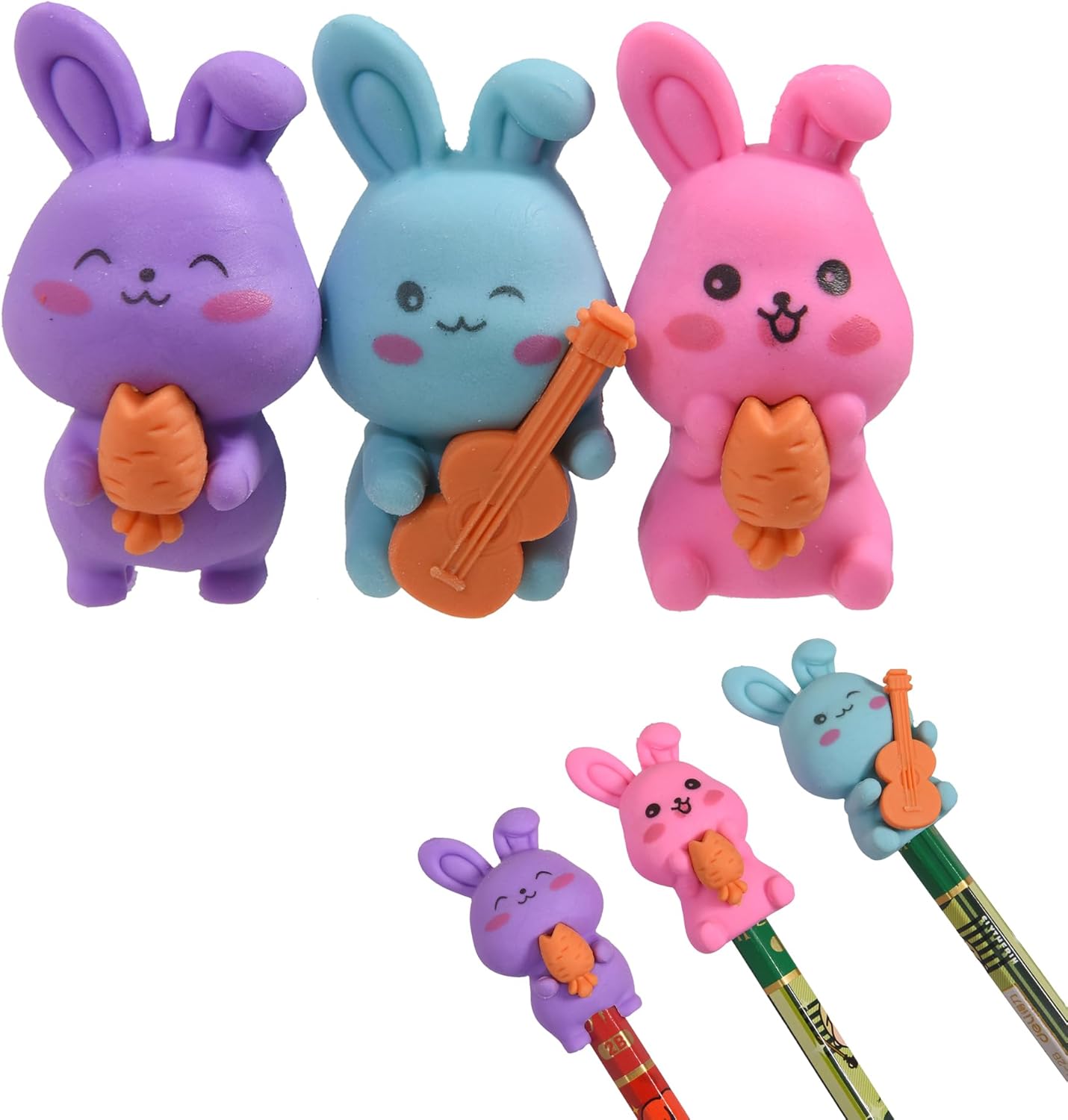 18Pcs Pencil Top Erasers for Kids, 3D Cute Rabbit Pencil Toppers, Bulk Fun Pencil Cap Easters for School Classroom Supplies Prize Gifts Party Favors