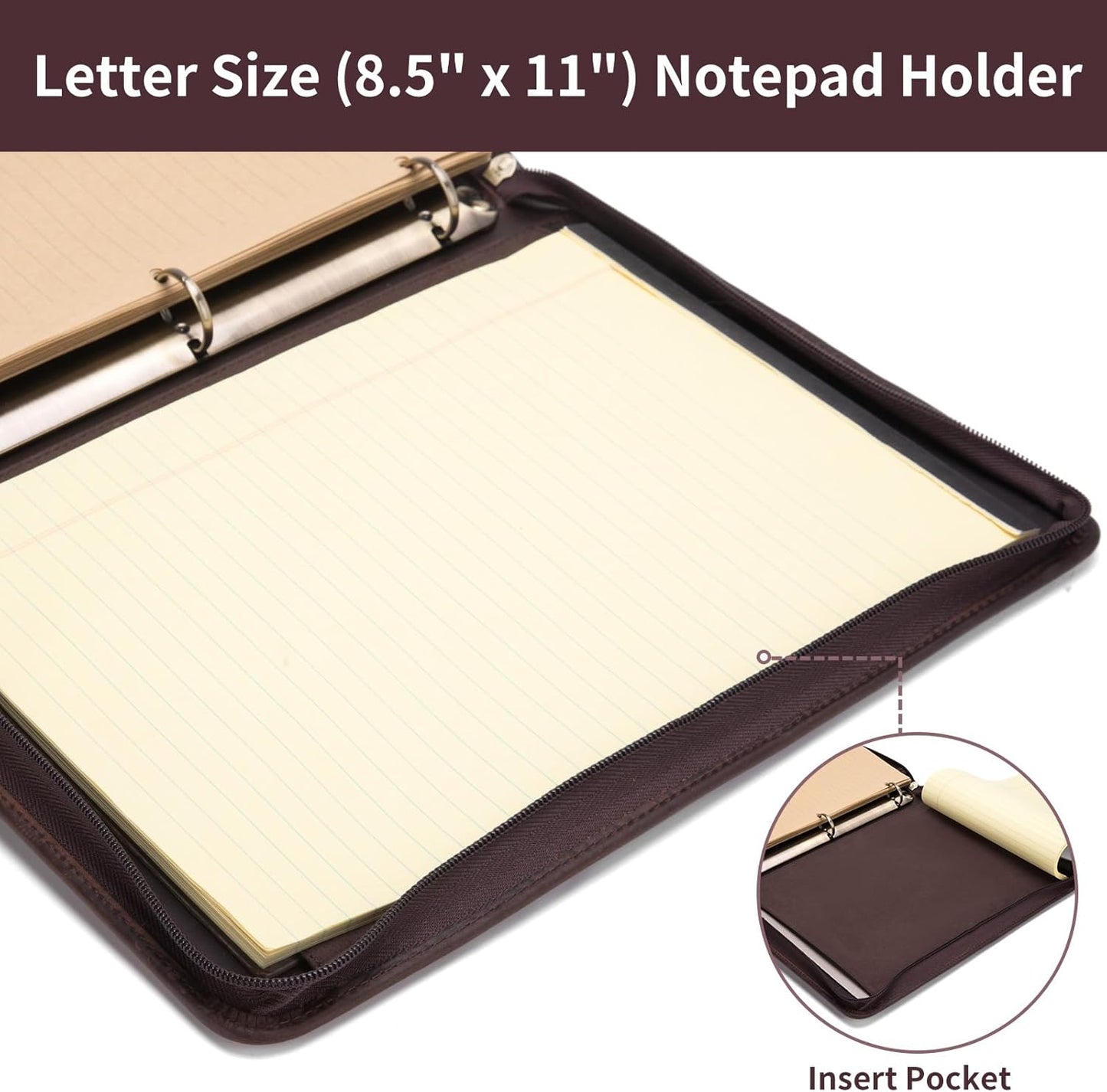 3 Ring Binder Genuine Leather Portfolio, Front Pocket, 8.5 x 11 Legal Pad Padfolio for Men and Women, Zip Notepad Laptop Organizer, Professional Business Executive Work Folio, Dark Brown