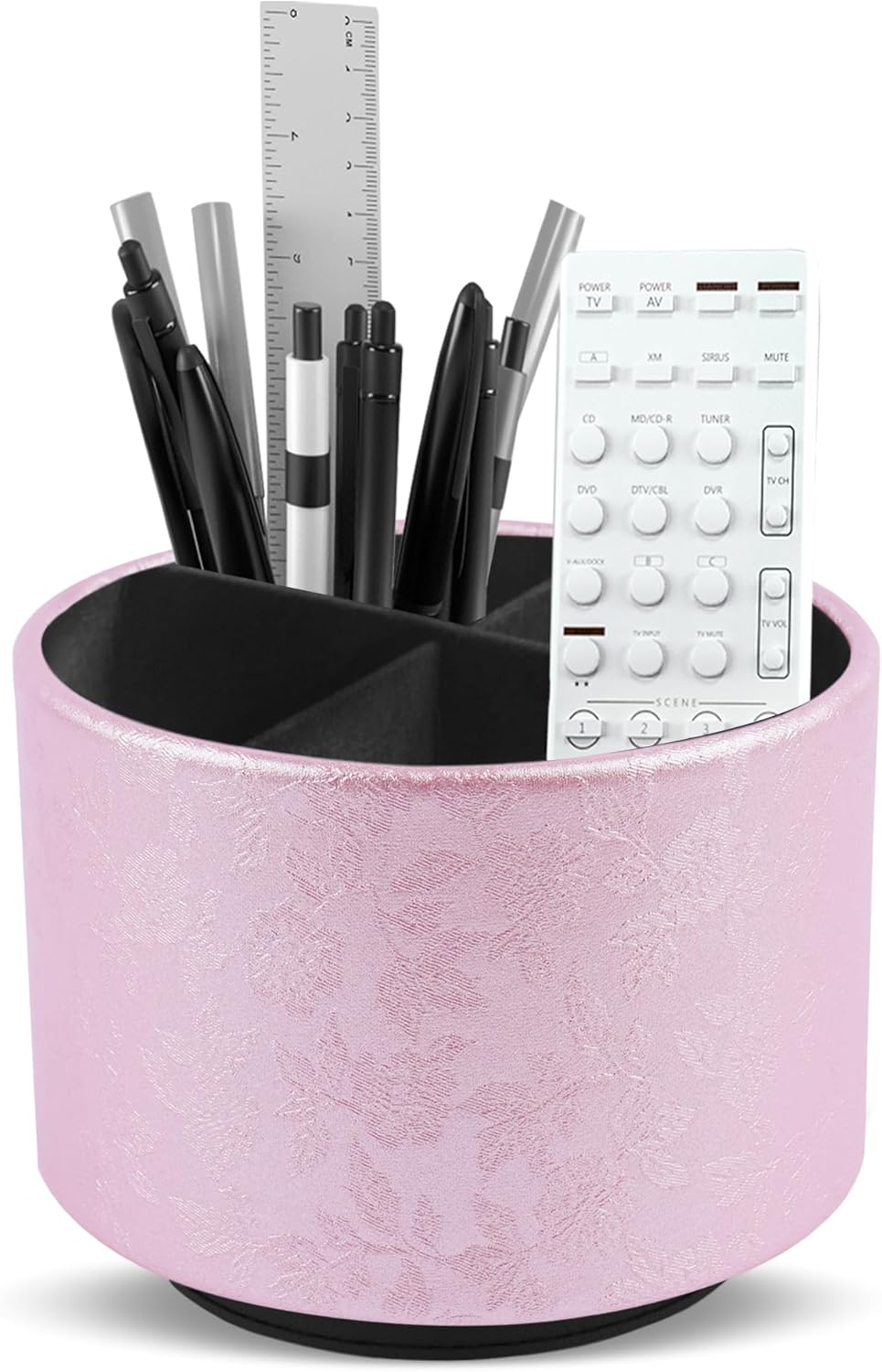 lizimandu Round Leather Art Supply Organizer,Remote Control Holder,360 Degree Spinning,Multi-Functional Pencil Holder,4 Compartments Desktop Stationary Organizer(1-Liuli Pink)