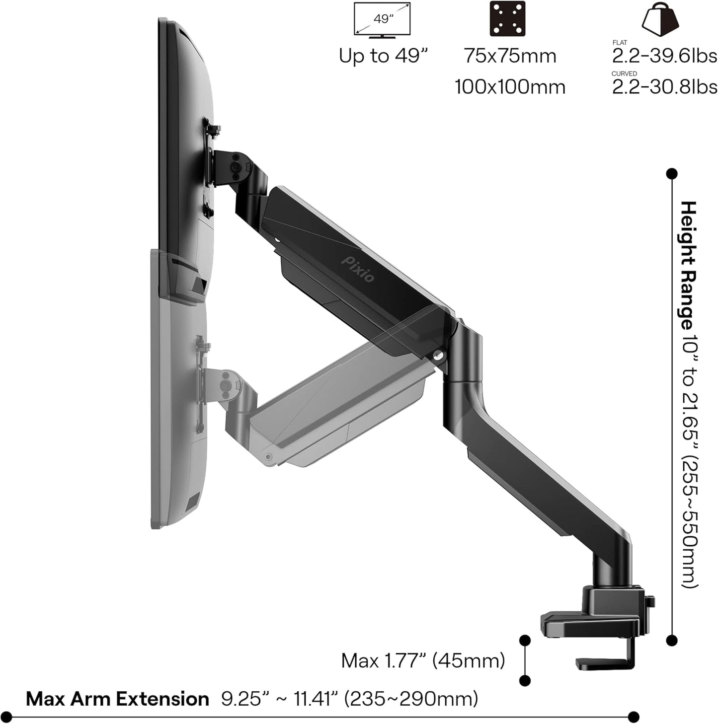 Pixio PS2S Ultrawide Heavy-Duty Premium Single Monitor Arm Stand Desk Mount - Fits up to 49 inches Monitors, Weights up to 39lbs Flat / 31lbs Curved, Compatible with VESA 75x75mm 100x100mm