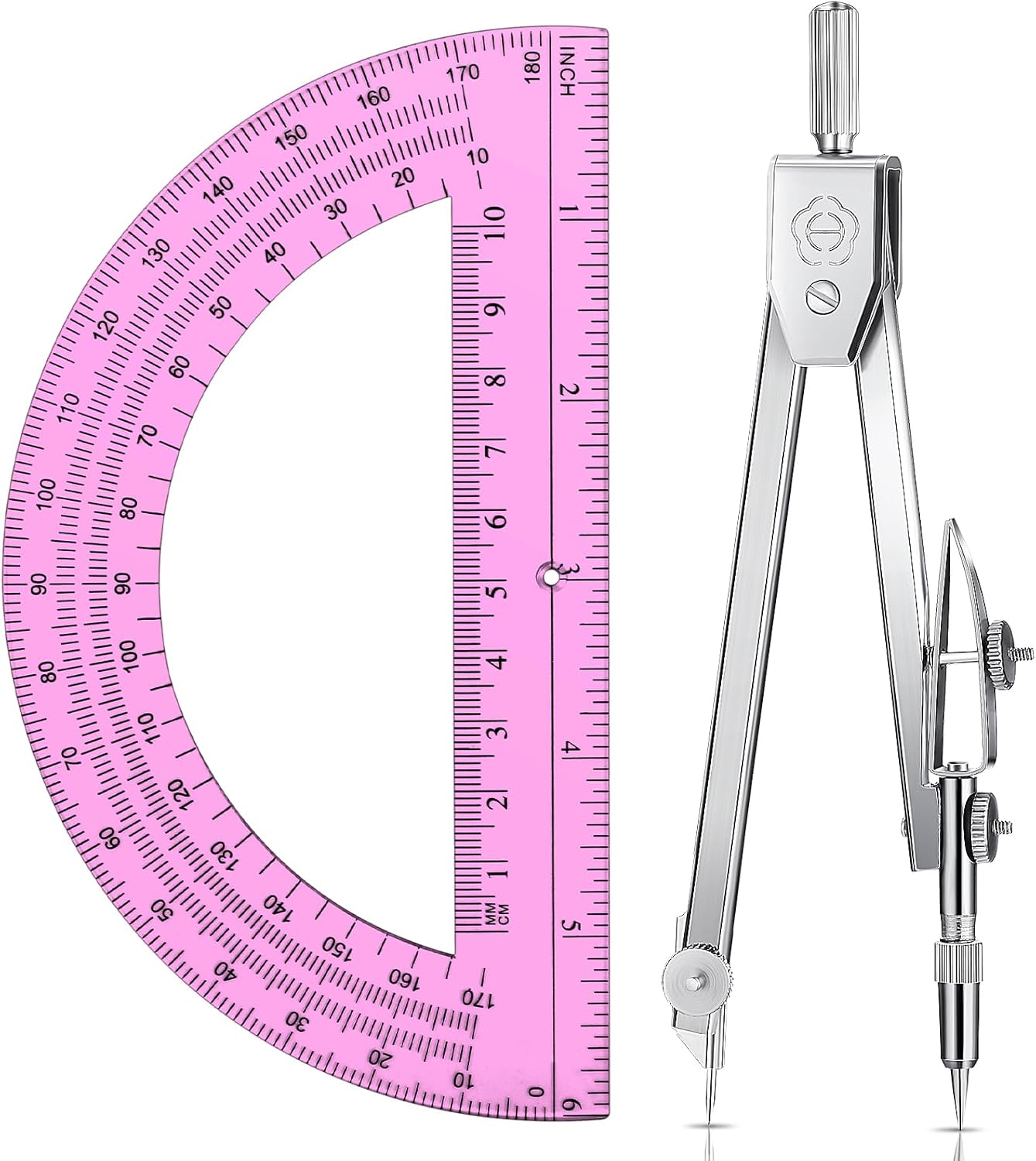 EBOOT Student Geometry Math Set, Drawing Compass and 6 Inch Swing Arm Protractor 180 Degree Math Protractor (Pink)