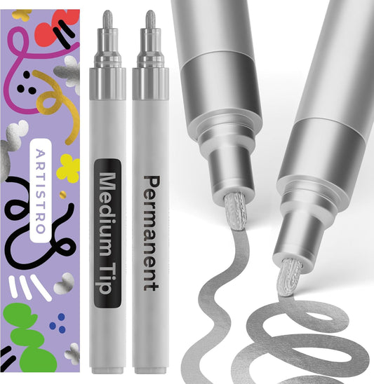 ARTISTRO 2 Silver Permanent Marker - Waterproof Markers for Tire, Fabric, Rocks, Glass, Ceramic, Wood, Paper - Oil Based Paint Pens - Medium Tip 3mm