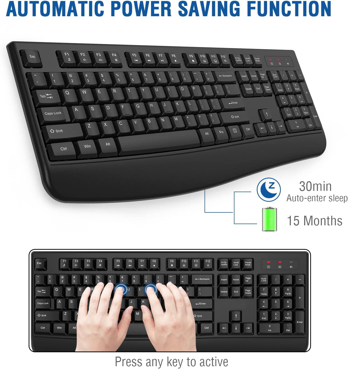 EDJO Wireless Keyboard, 2.4G Ergonomic Full Size Wireless Computer Keyboard with Wrist Rest for Windows, Mac OS Desktop/Laptop/PC（Black）