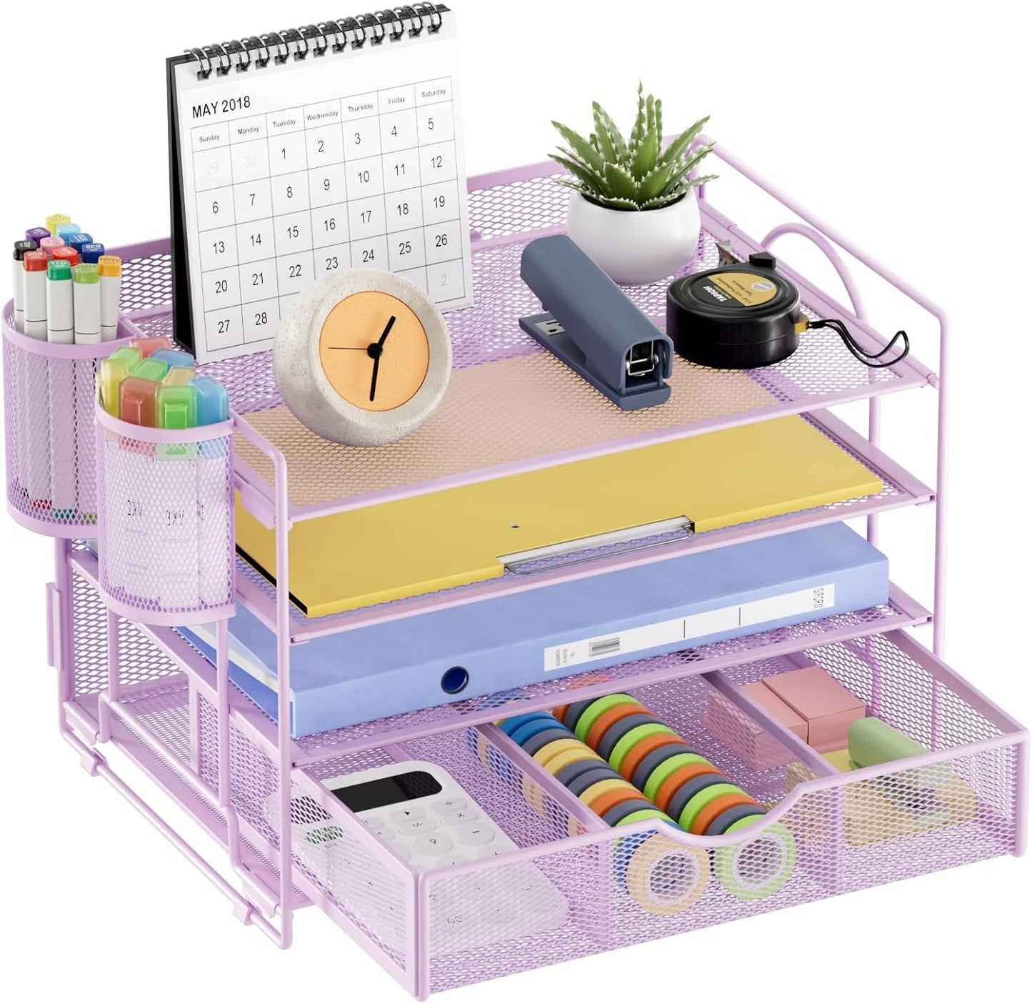 Marbrasse 4-Trays Desk File Organizer with 2 Pen Holder, Desktop Hanging File Holder with Drawer, Paper Letter Tray Organizer (Purple)
