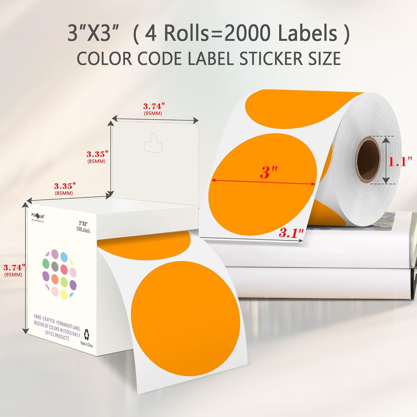 PARLAIM 3" Diameter Round Orange Color Coding Sticker, 4 Rolls 2000PCS Circle Dot Label,Permanent for Inventory Box Labeling