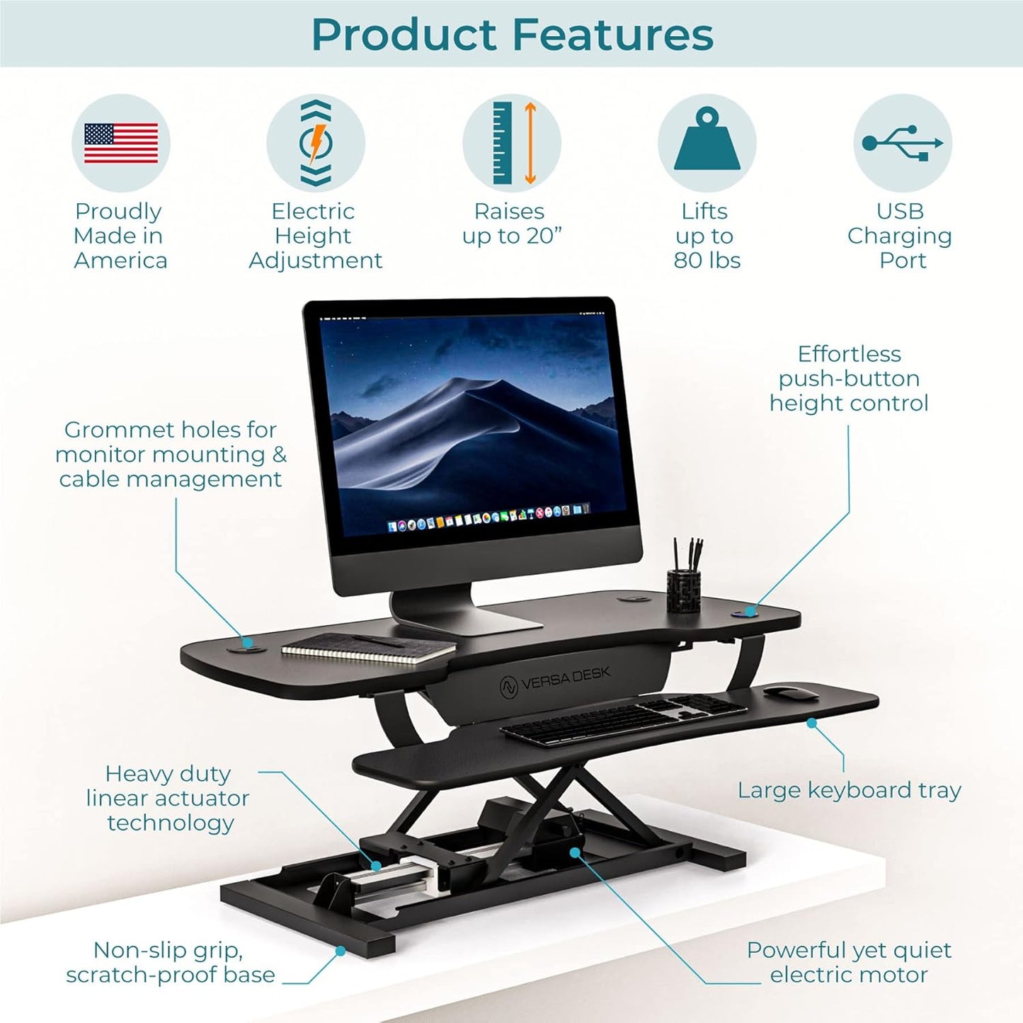 VERSADESK® PowerPro™ 40” x 24” Standing Desk Converter | 40 inch Electric Height Adjustable Sit to Stand Desk Riser w/ Keyboard Tray & USB Hub - Ergonomic Workstation for Home & Office, Black