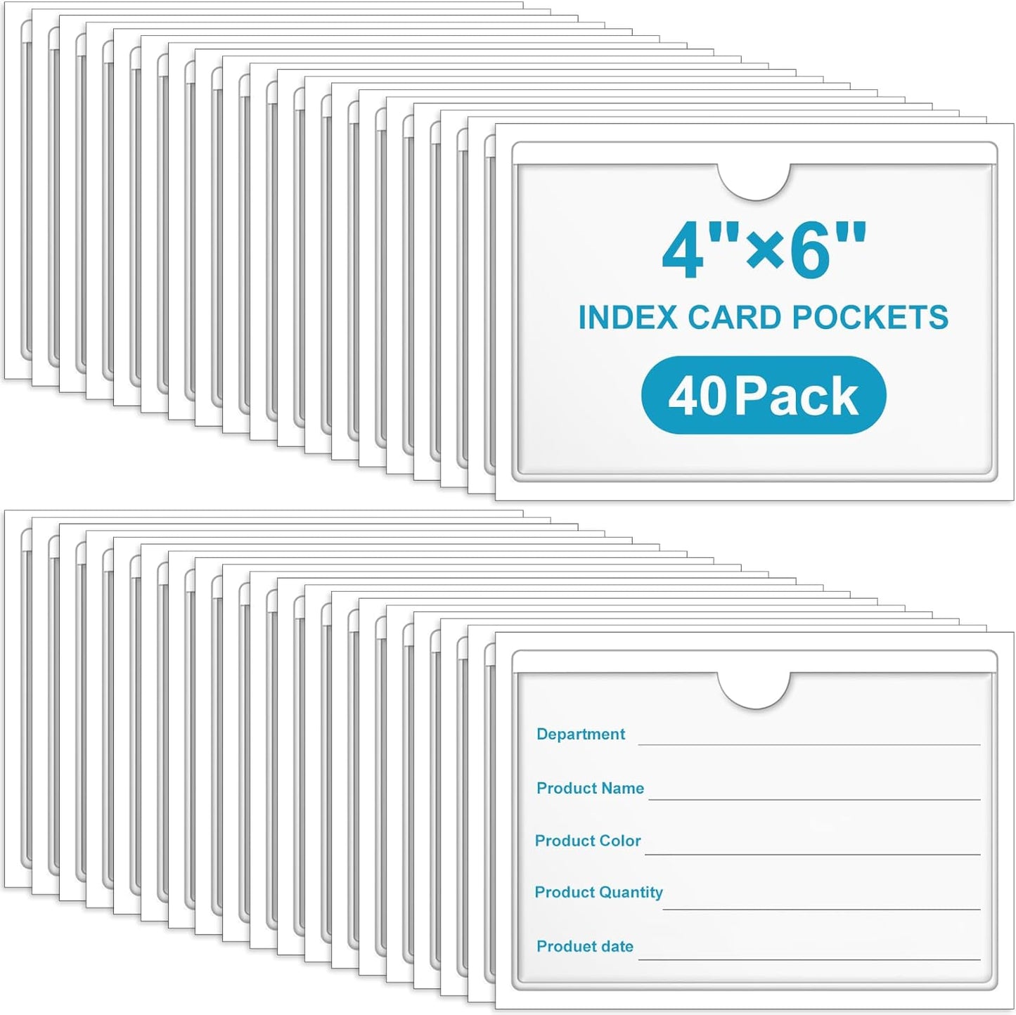40 Pack 4" x 6" Index Card Pockets with Top Open Self-adhesive Index Card Holders Clear Plastic Labels Holders for Storage Bins, Organizing