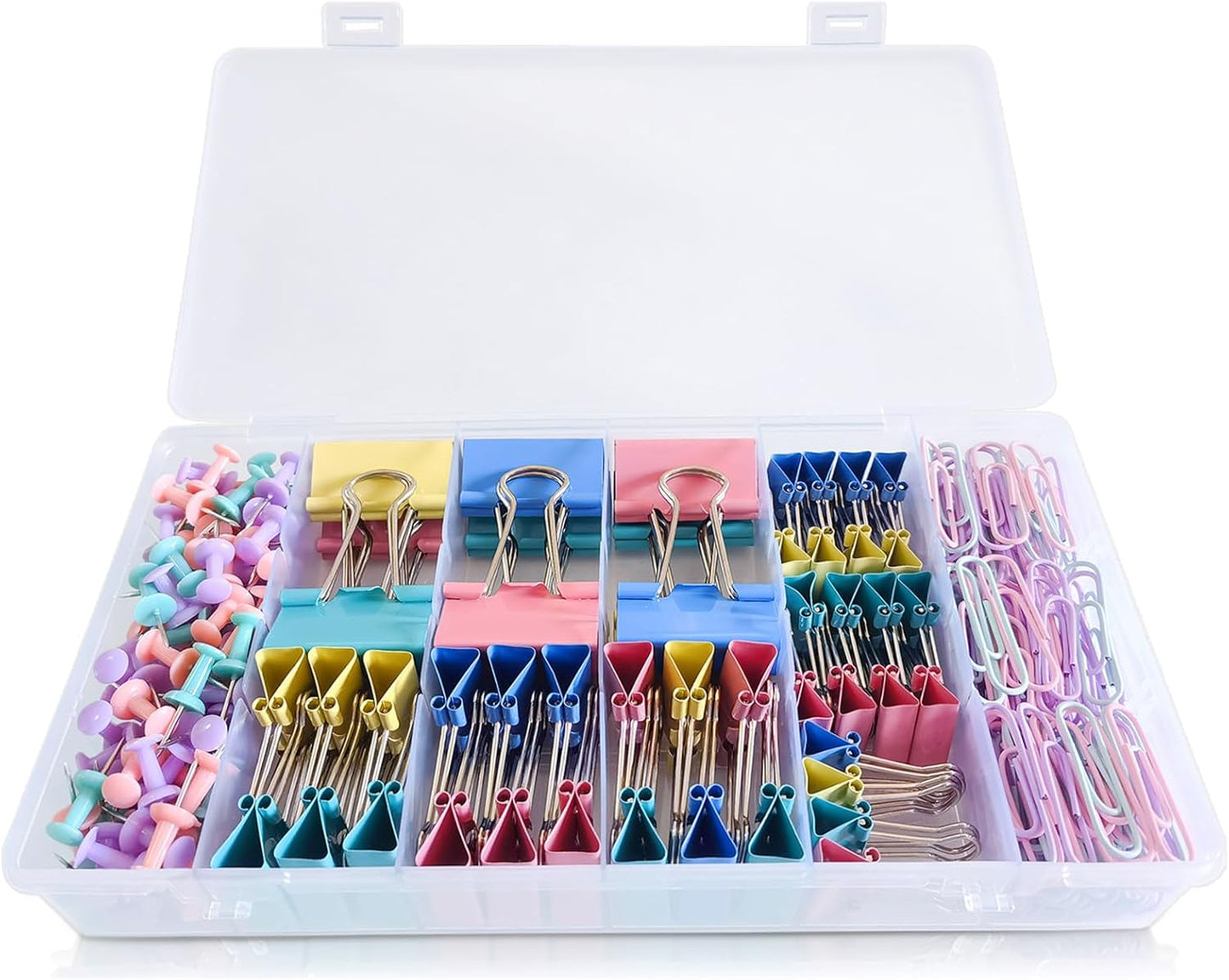 Paper Clips and Binder Clips Assorted Sizes, 240 PCS Colored Office Clips Set Large Medium Small Paper Clamps Paperclips Push Pin Thumb Tacks, College Supplies Home Office Supplies Document Organizing