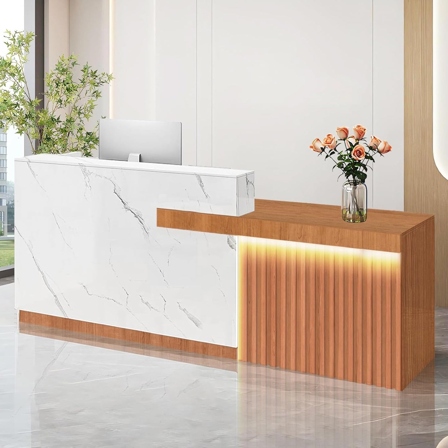 Modern Reception Desk with Counter and Drawer Office Front Desk with Cabinet Wooden Commercial Reception Table Checkout Counter for Retail Salon Lobby White and Brown Right 63inch/160cm