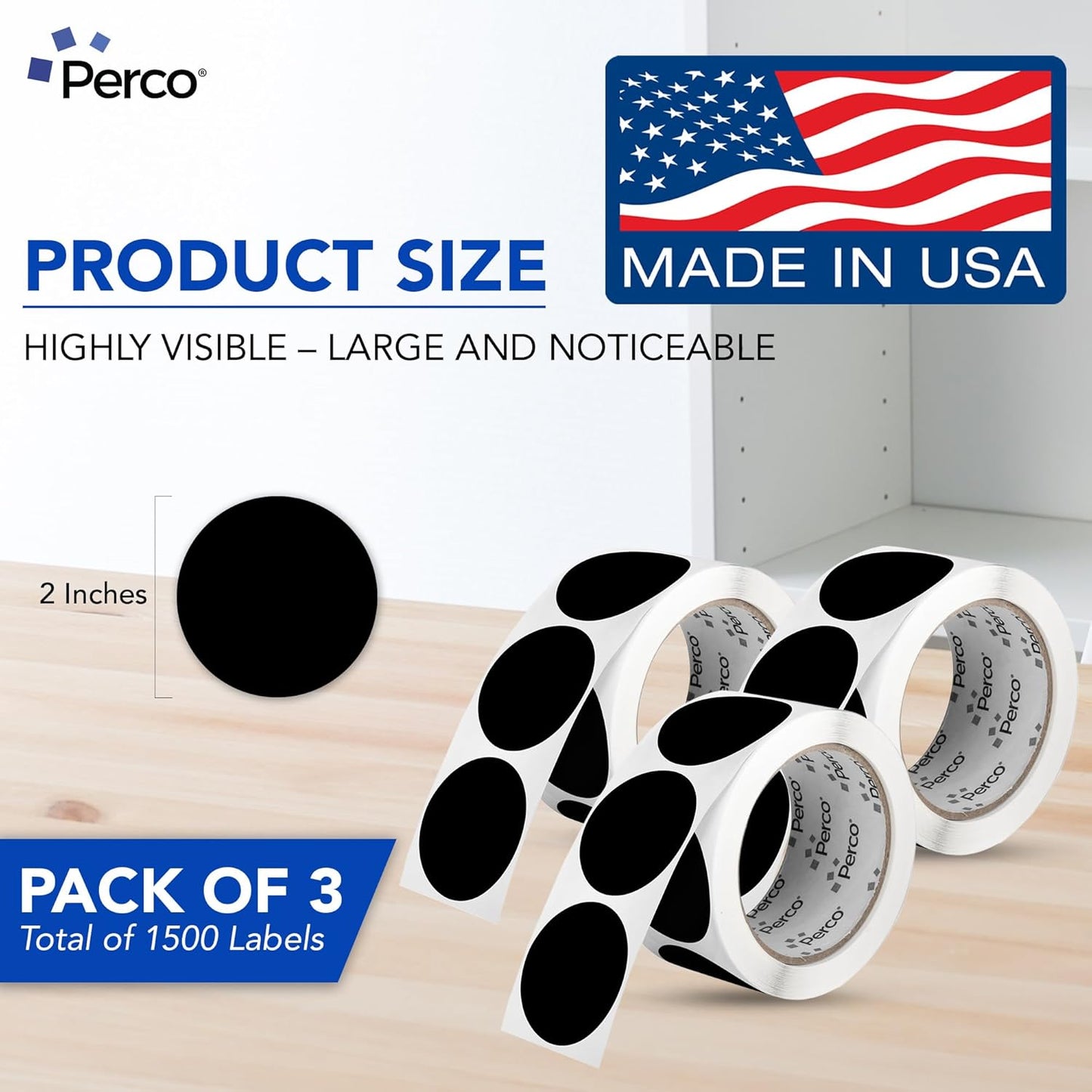Perco Black 2-Inch Round Circle Dot Sticker Labels - Multi-Roll Pack (3 Rolls, 500 Labels Each) - Permanent Adhesive, Vibrant Colors, Strong Hold - Perforated for Easy Use - Made in USA