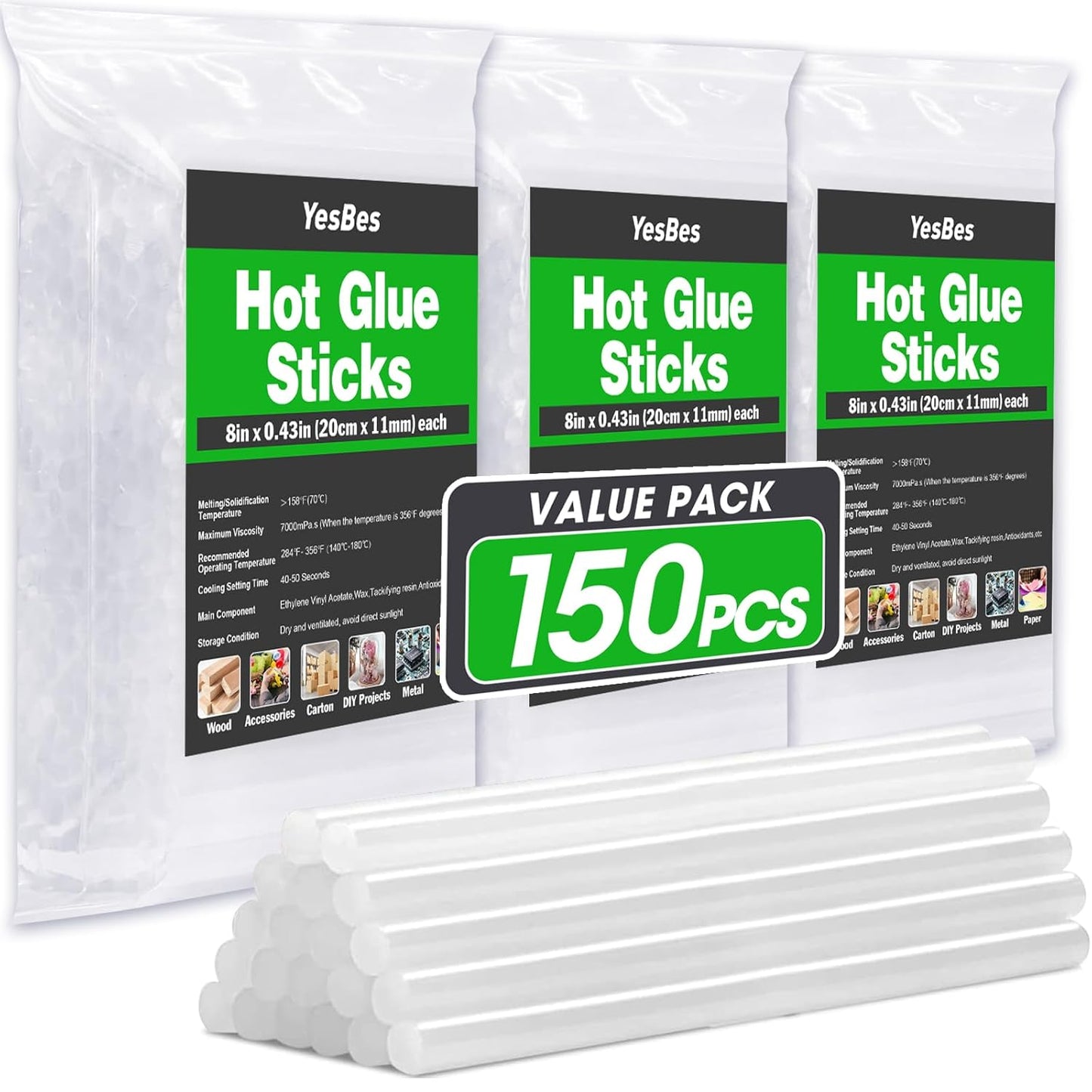 150 PCS Hot Glue Sticks, Full Size 8" Long x 0.43" Diameter Glue Sticks for Glue Gun, Widely Used in Wood, Metal, Glass, Plastic, Floral, Fabric, and More