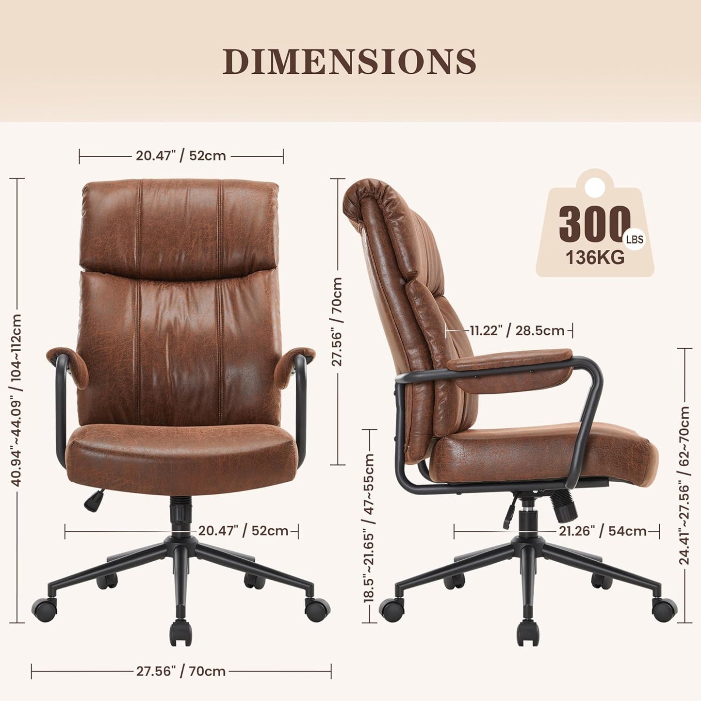 Mid Century Office Chair, Ergonomic Modern Breathable Fabric Home Desk Chair with Lumbar Support, Adjustable Height Swivel Computer Chair for Home Office (Brown)