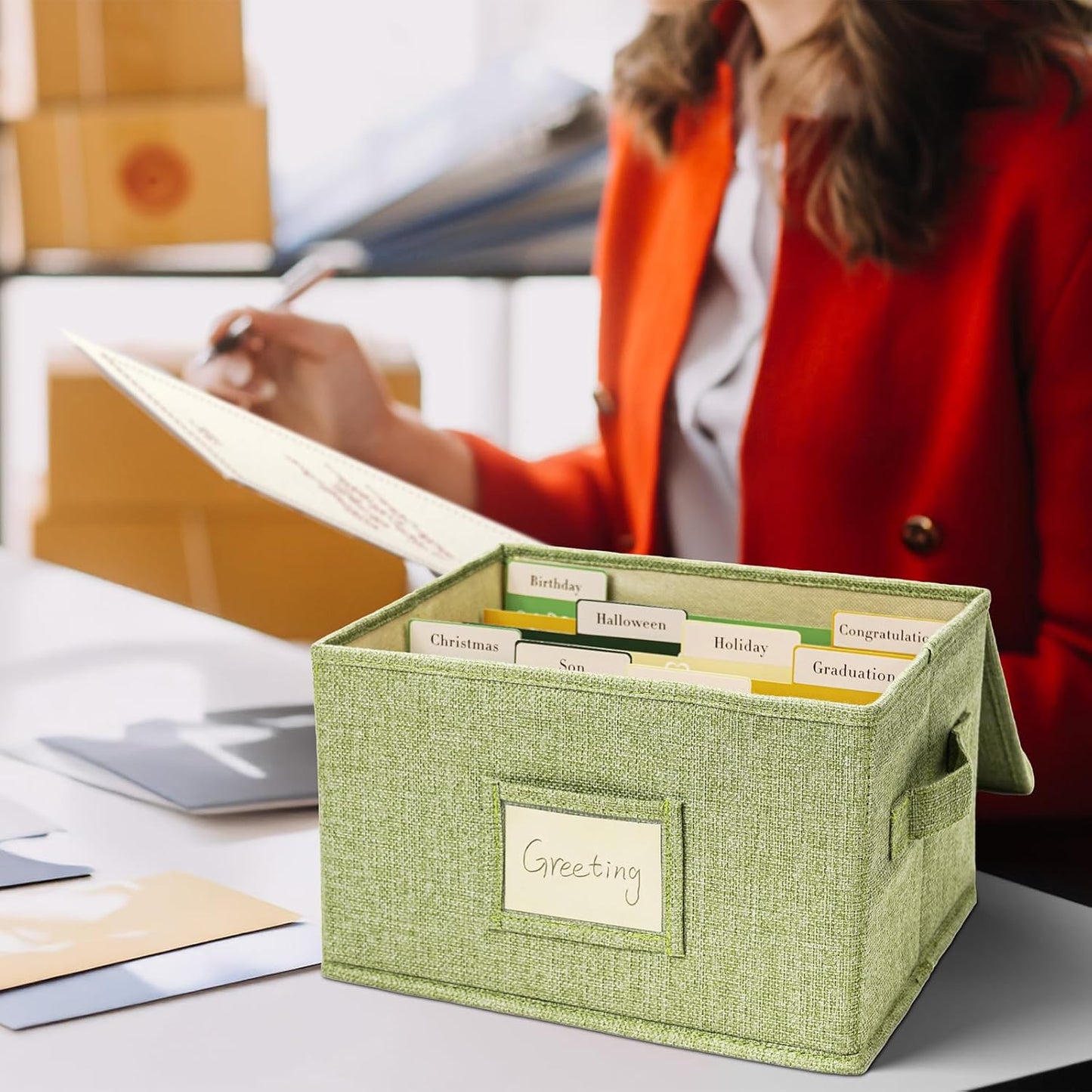 Vienrose Greeting Card Organizer Storage Box with 20 Removable Dividers, 84 Self-stick Labels, Perfect for Photos, Envelopes, Scrapbooking, Paper, Stickers Holder 2 Pack Grass Green