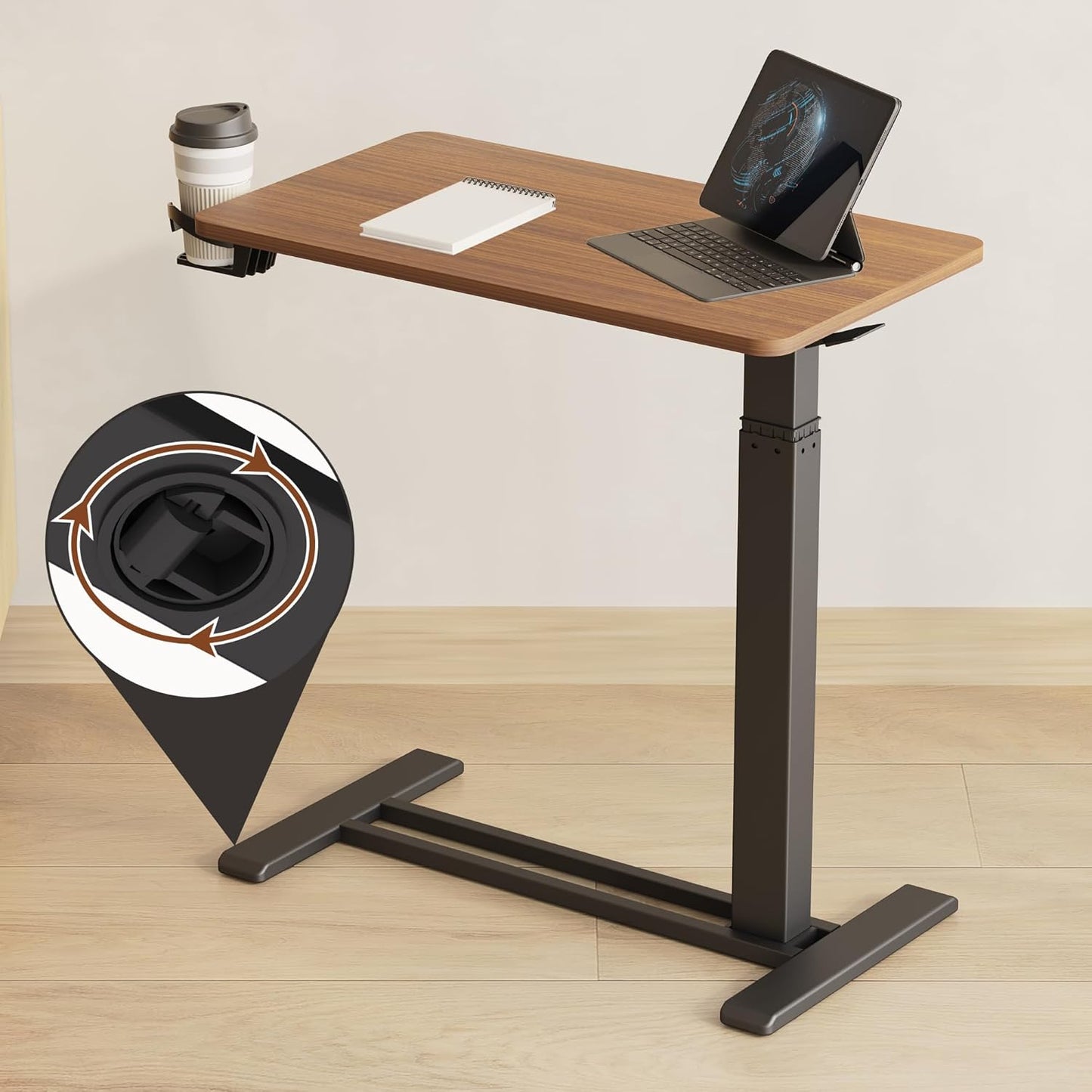 FLEXISPOT Mobile Standing Desk with Wheels Pneumatic Laptop Desk Rolling Computer Cart Movable Height Adjustable Small Sit Stand Desk Computer Workstations Home Use(27.6" W x 15.7" D,Mahogany)