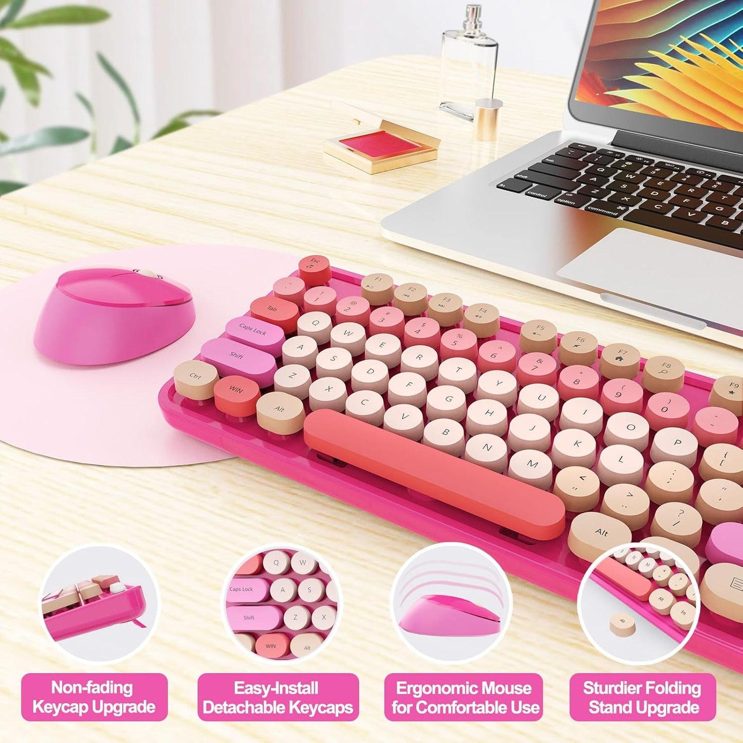 Wireless Keyboard and Mouse Combo, Ergonomic Full Size Typewriter Retro Round Keycaps Keyboard, Compatible with Windows, PC, Perfer for Home and Office Keyboards （Red）