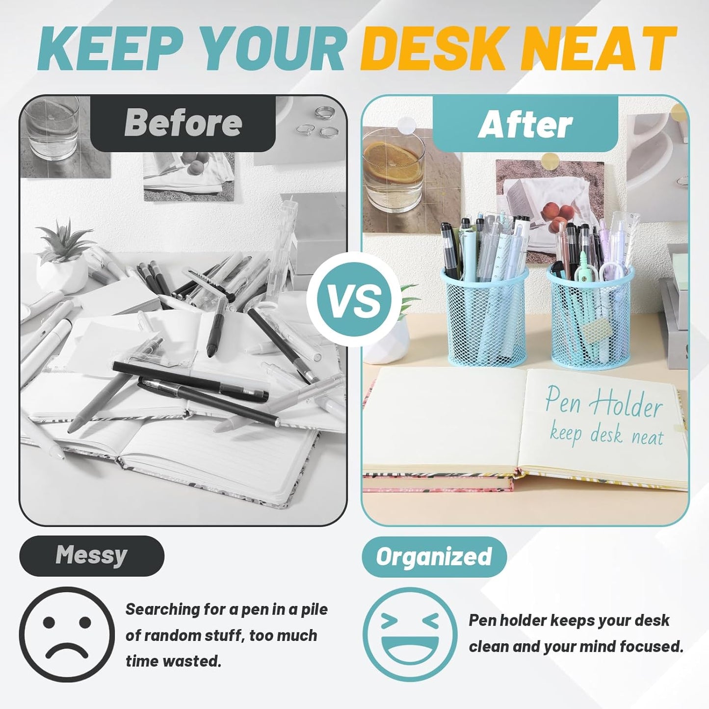 Segarty Pencil Holder, 6 Pack Light Blue Pen Holder, Pencils Cups Holder for Desk, Round Mesh Pens Container Organizer for Office Supplies, School Classroom, Makeup Brush, Home Storage