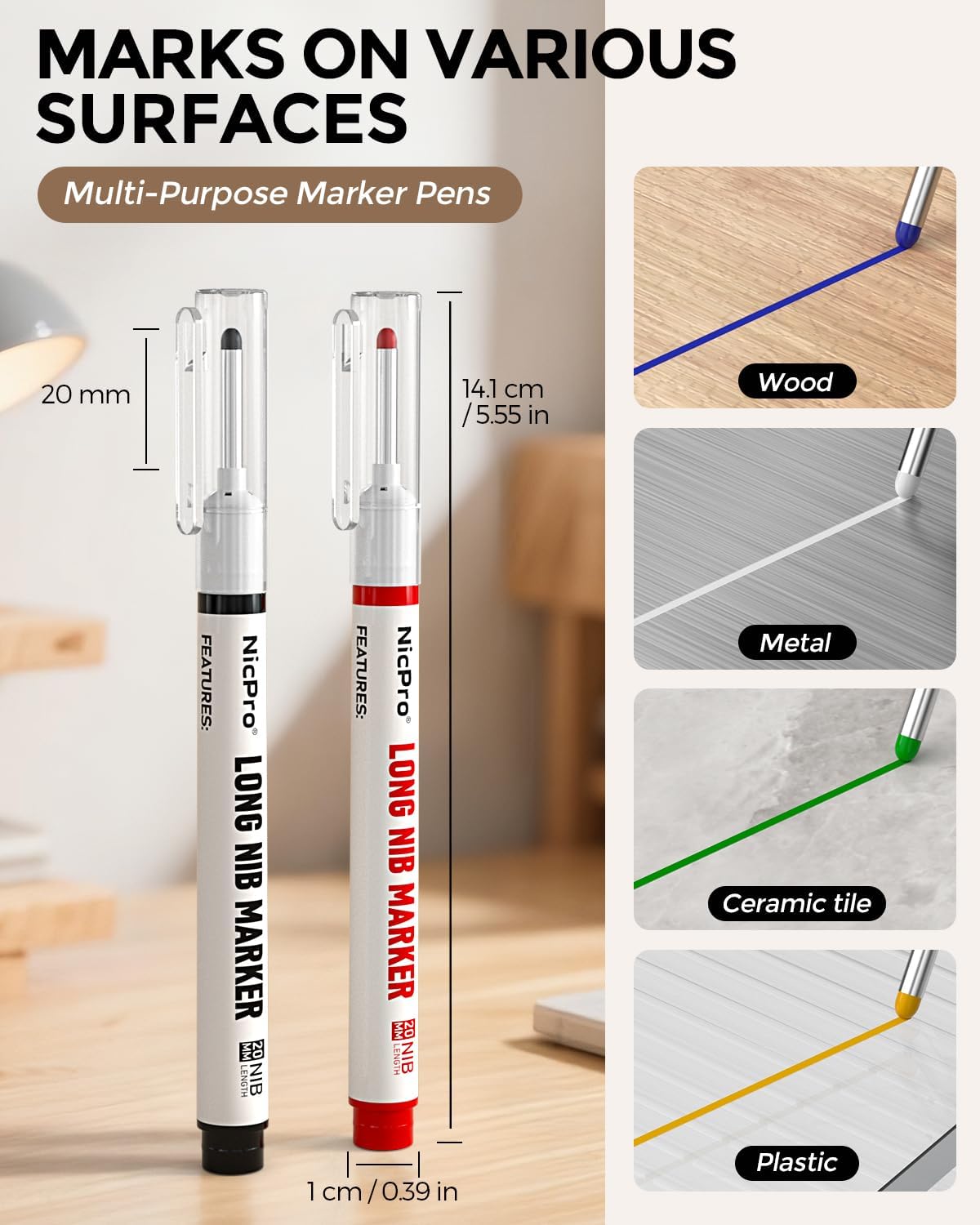 Nicpro 12 PCS Long Nib Marker Pens, 20mm Deep Hole Markers, Quick Dry & Waterproof Construction Marker, Long Head Mark Pens for Metal, Steel, Tile, Glass, Carpenter Marking Tool for Woodworking