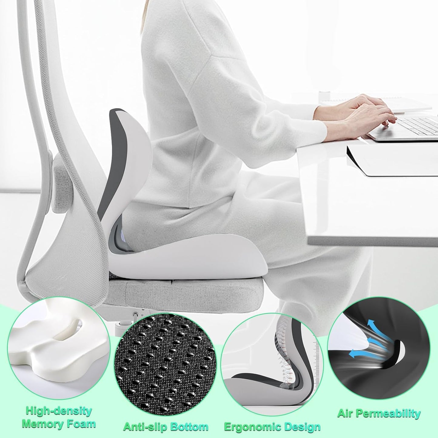 Buttocks Cushion for Office Chair Memory Foam Seat Pad for Butt Support Tailbone Relief Ergonomic Chair Cushion for Home Car Travel or Work (Double Gray)