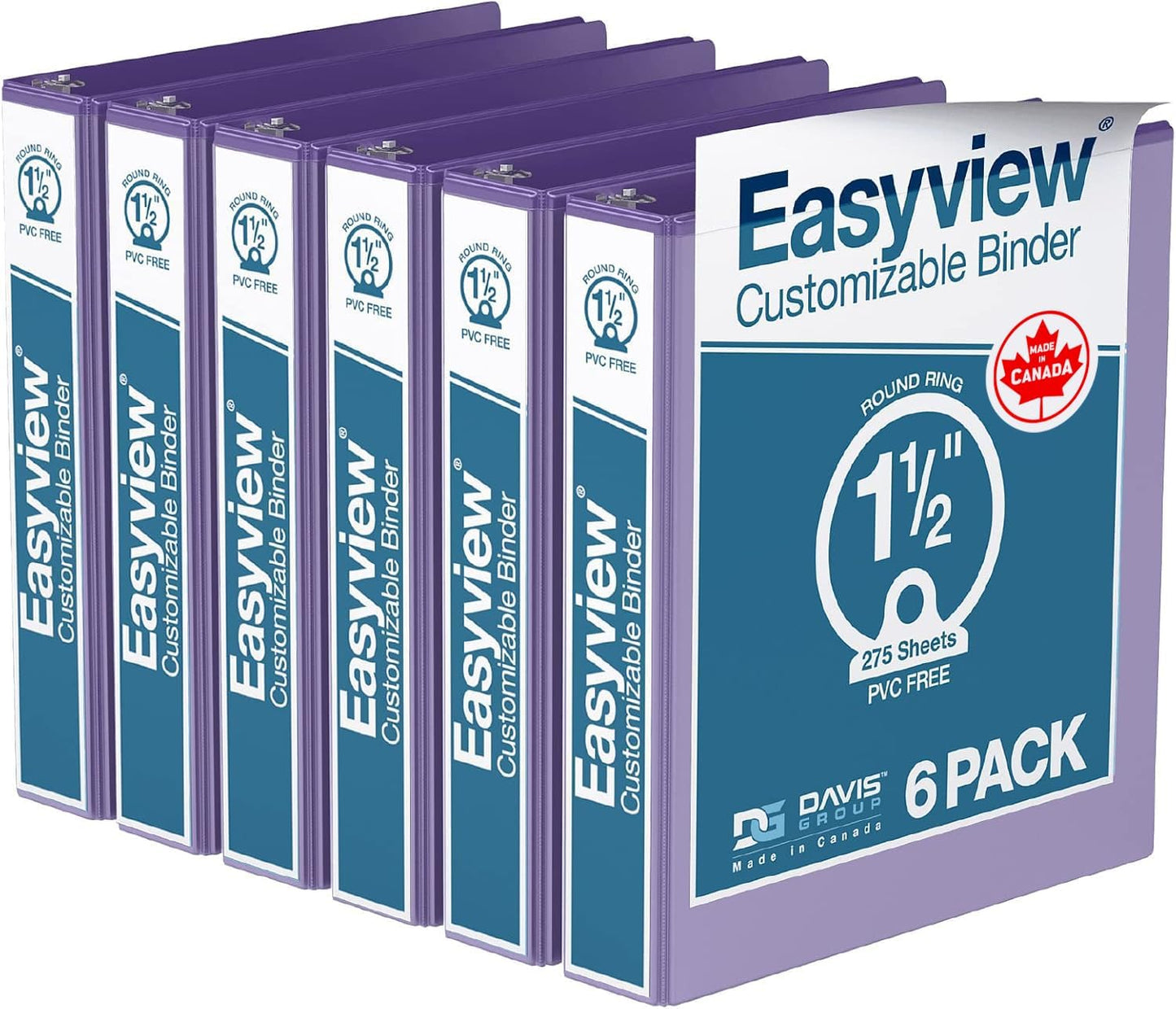 Easyview Premium 3-Ring Binders with Clear-View Covers and Round Rings, Binders for School or Office, 1.5 Inch, Pack of 6, Purple