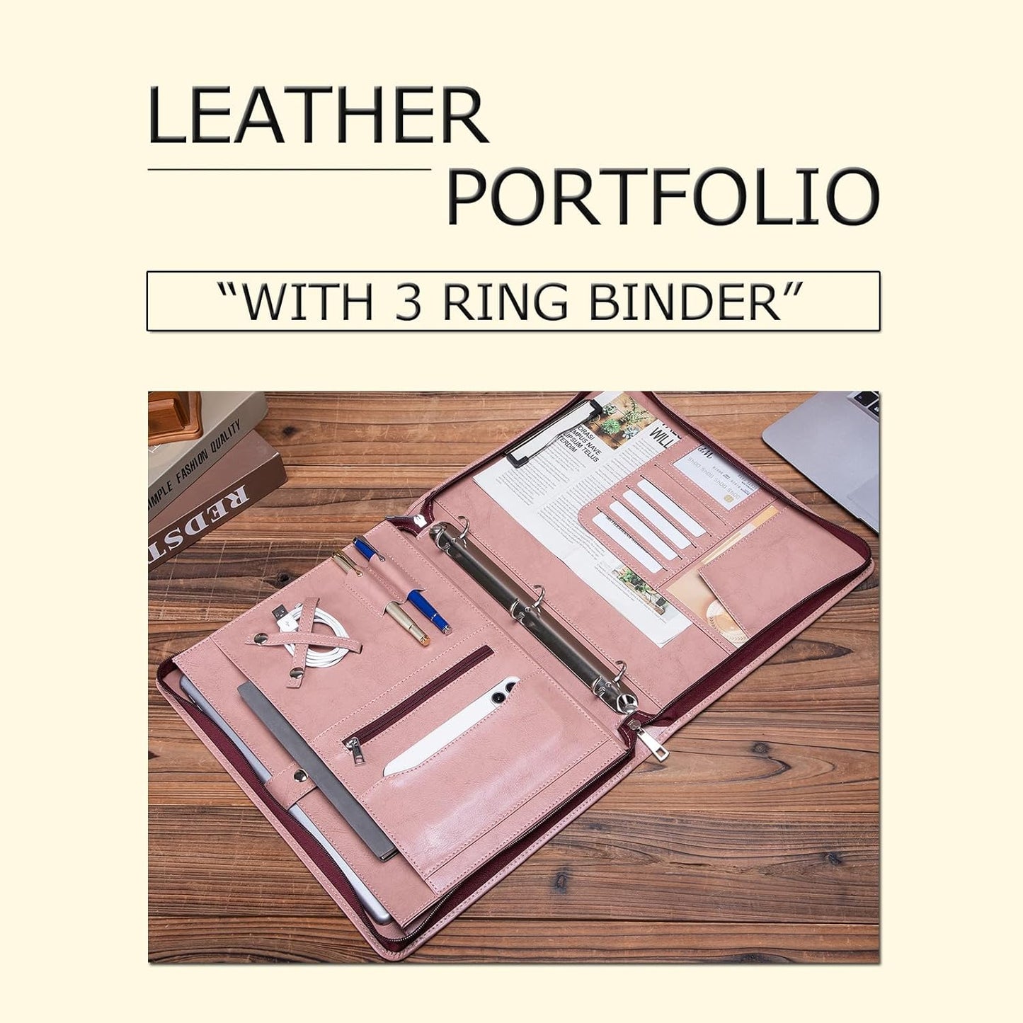 Personalized Vegan Leather Portfolio 3 Ring Binder with Clipboard, Hidden Handle, Custom 8.5 x 11 Zip Padfolio, Business Professional Organizer for Women, Pink