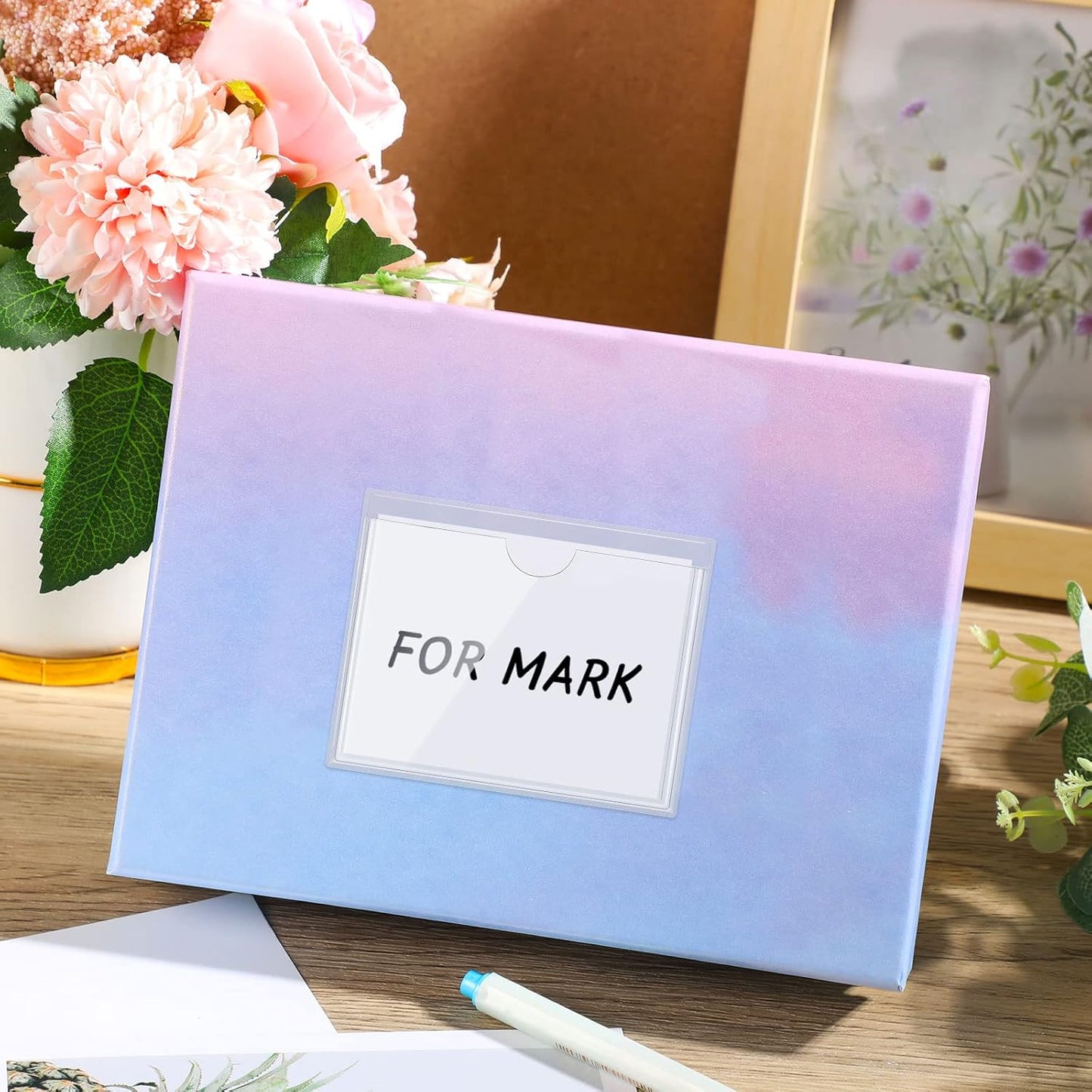 Chinco 50 Pack Clear Adhesive Pockets, Labels for Storage Bins, Plastic Self Adhesive Index Card Holder with Top Open for Organizing Bins Box Drawer(3.1 x 3.9 Inches)