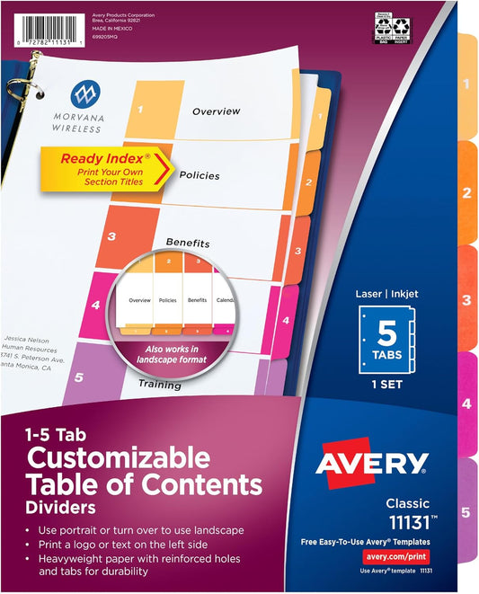 Avery Dividers for 3 Ring Binders, 5 Tabs per Set, Customizable Table of Contents, Multicolor Tabs, Great for Organizing Reports, Projects, and More (11131)