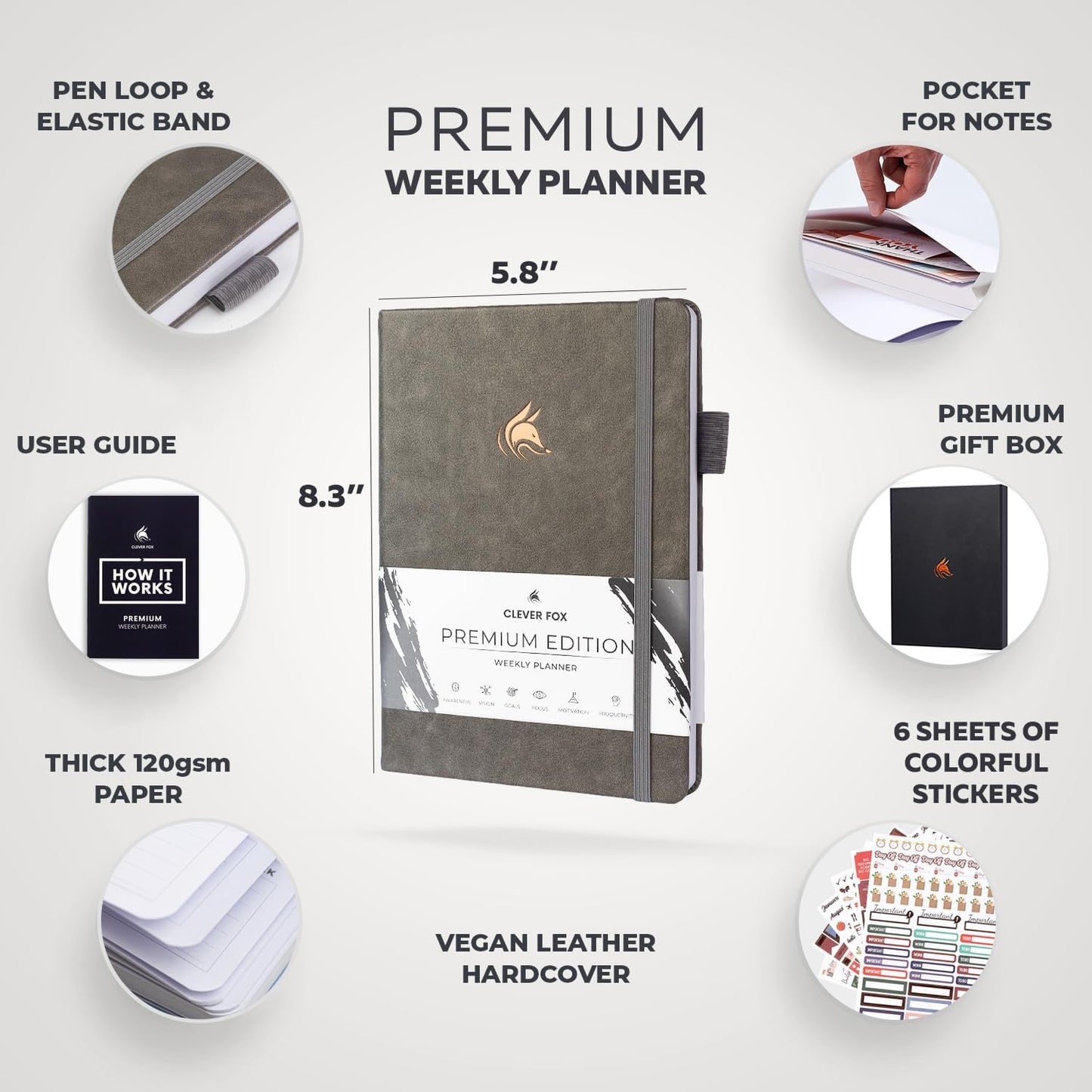 Clever Fox Planner Premium Edition – Undated Luxurious Weekly & Monthly Planner to Increase Productivity and Hit Your Goals – Organizer – Start Anytime, A5, Lasts 1 Year, Gray (Weekly)
