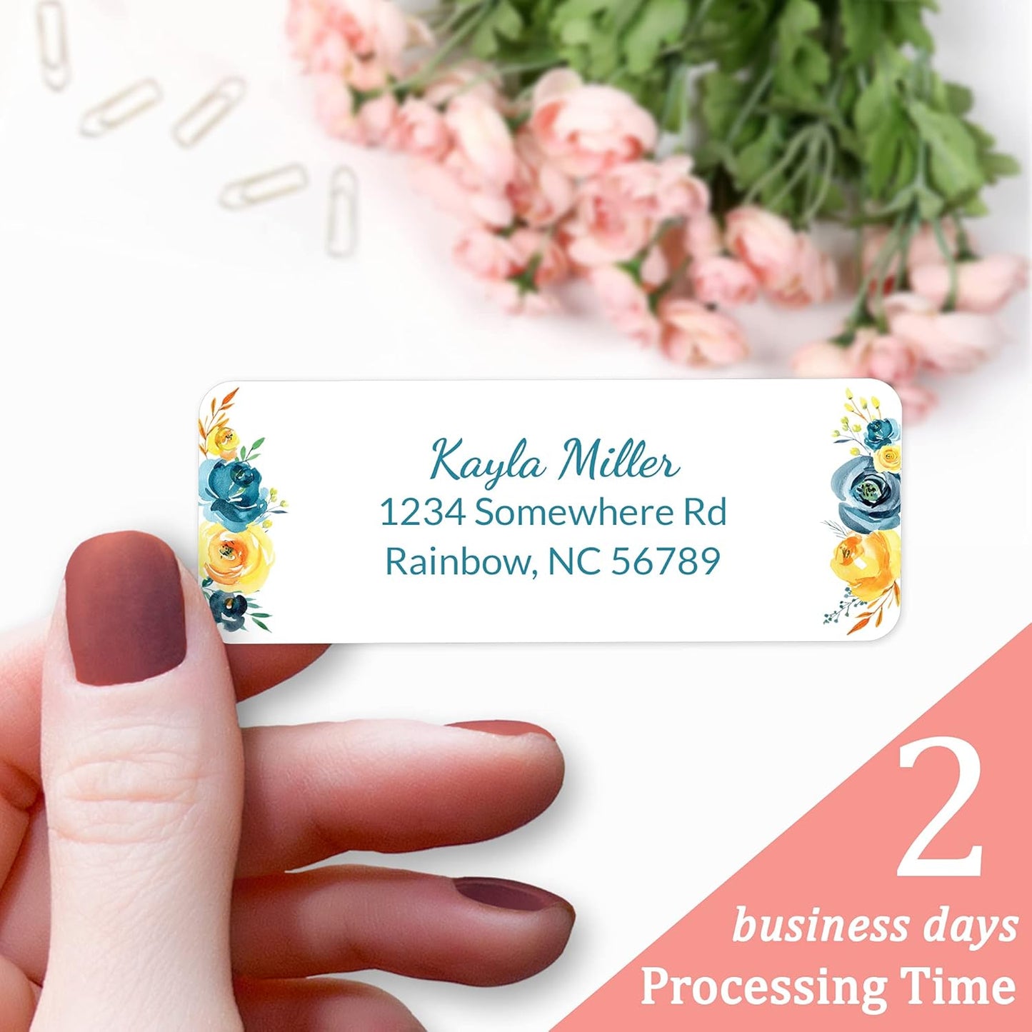 Personalized Return Address Labels Floral - Set of 120 Custom Mailing Labels for Envelopes, Self Adhesive Flat Sheet Rectangle Personalized Name Stickers (Blue)