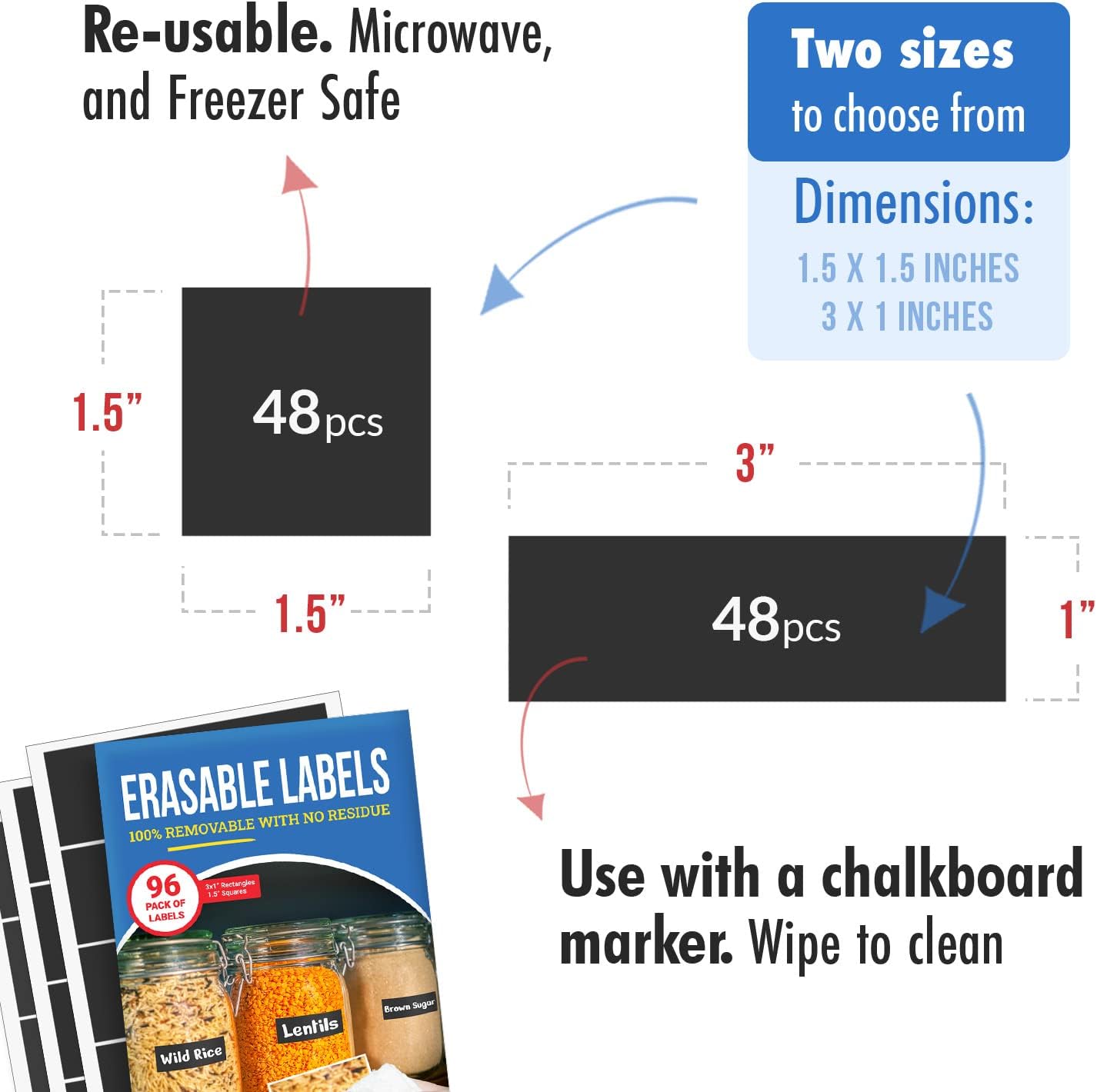 MESS Reusable Chalkboard Labels for Food Containers, 96-Pack (1x3 & 1.5") – Erasable Dry Erase Stickers – Removable Kitchen Labels for Fridge, Freezer & Organizing