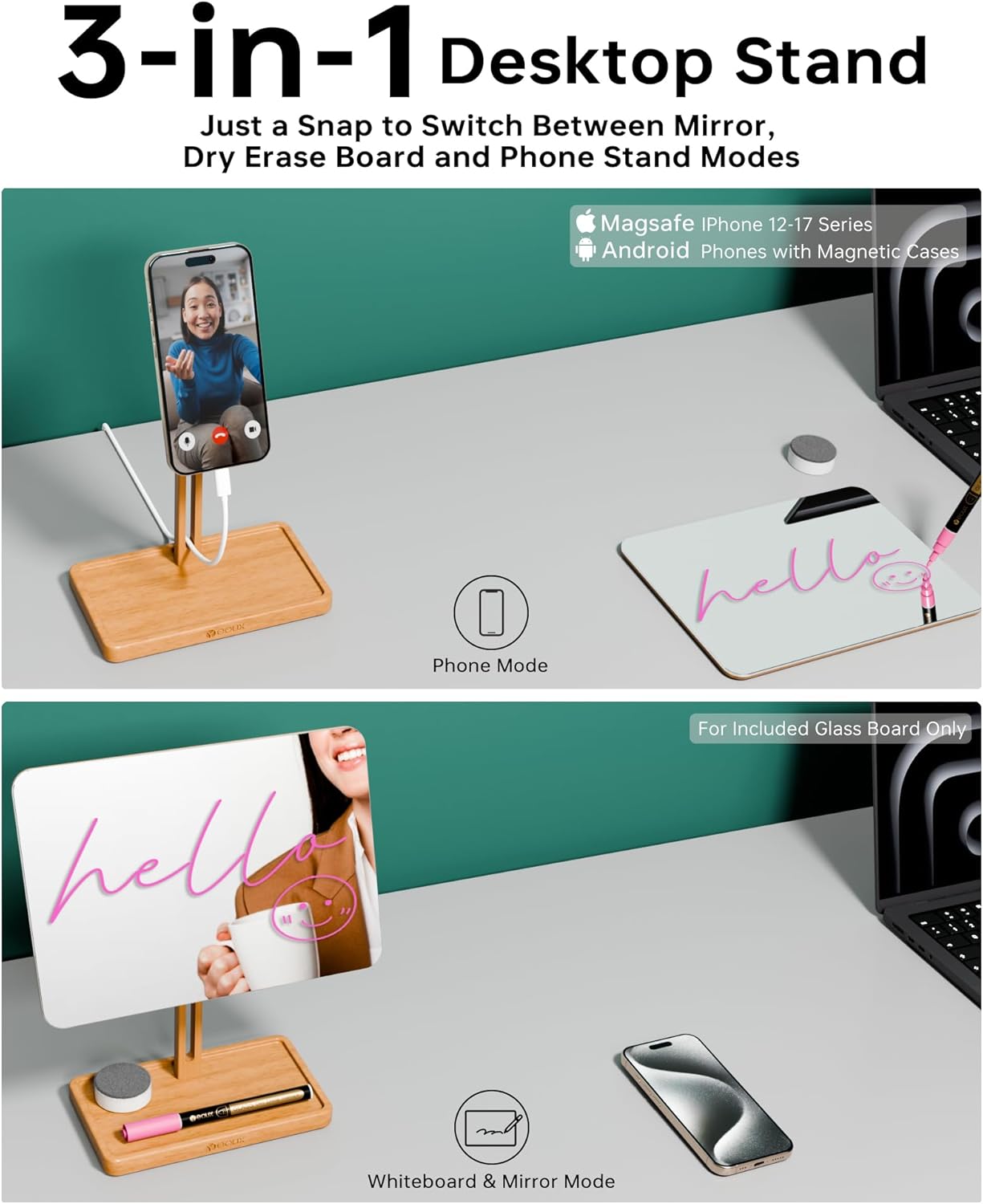 YEOUX Premium Desktop Glass Mirror, Dry Erase Board & Magnetic Phone Stand 3-in-1 | 360° Adjustable | Solid Wood | MagSafe Compatible, Small Whiteboard for Office Home Desk