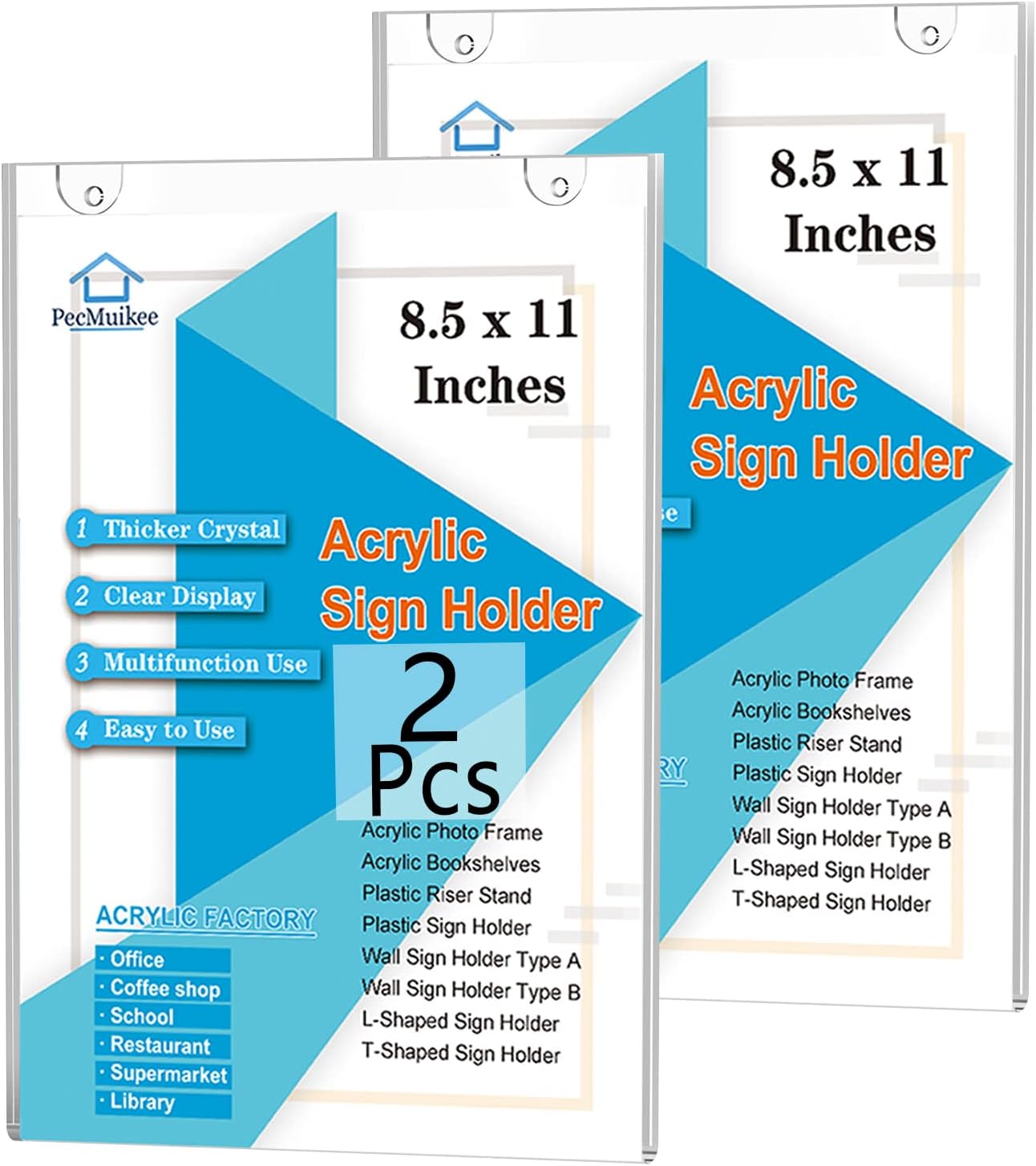 PecMuikee Acrylic Sign Holder 8.5x11, Wall Mount Acrylic Sign Holder and Plastic Paper Display Ad Frame bonus with 3M Tape and Mounting Screws for Restaurants, Office, Market, Library, Store, 2 Pcs