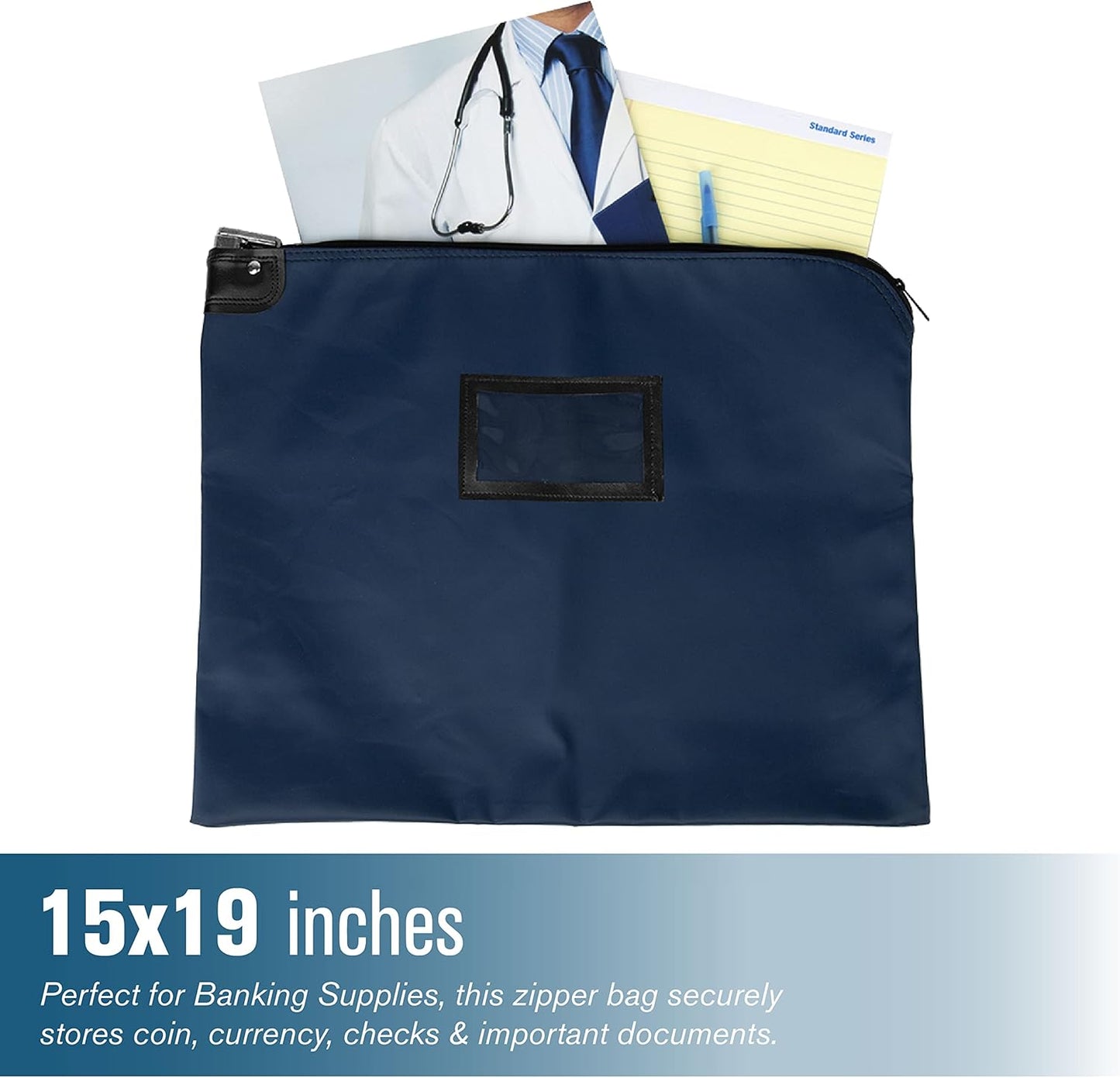 BankSupplies HIPAA Locking Courier Bags | Navy Blue | 19W x 15H | Durable Laminated Nylon Fabric | Metal Pop Up Lock | For Money, Coins, Currency, Checks & Documents