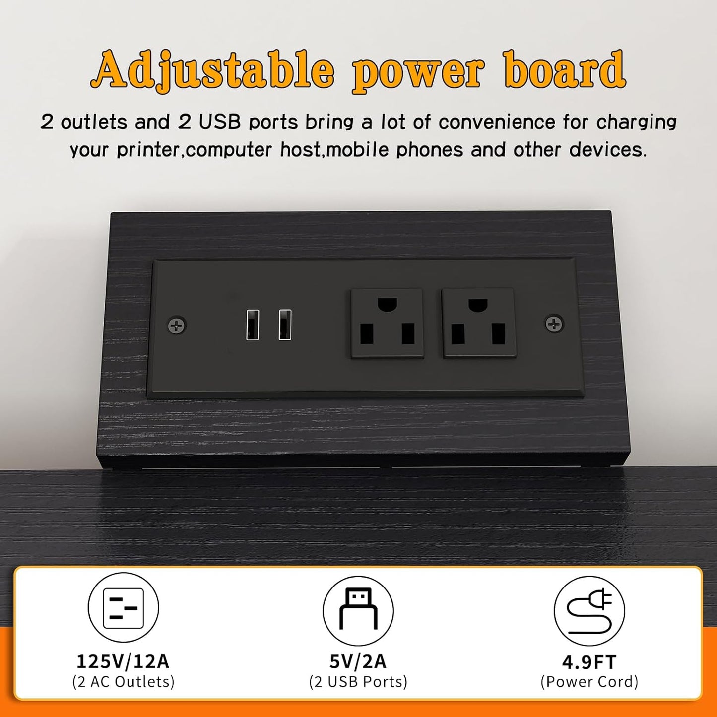 Large Printer Stand with Power Outlet, with Height Adjustable Storage Shelf, 3 Tier Rolling Printer Cart with Industrial Wheels, 23.6 x 23.6 Inches Printer Table for Home Office,Black