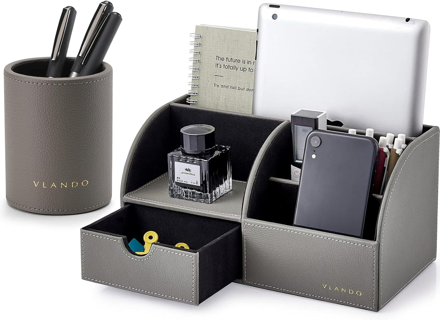 Vlando Office Desk Organizer Leather Desktop Organizer Caddy with Drawer for Storing Desktop Supplies and Accessories (Grey Set)