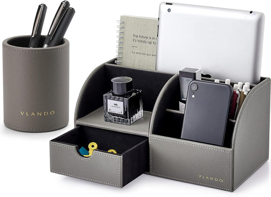 Vlando Office Desk Organizer Leather Desktop Organizer Caddy with Drawer for Storing Desktop Supplies and Accessories (Grey Set)