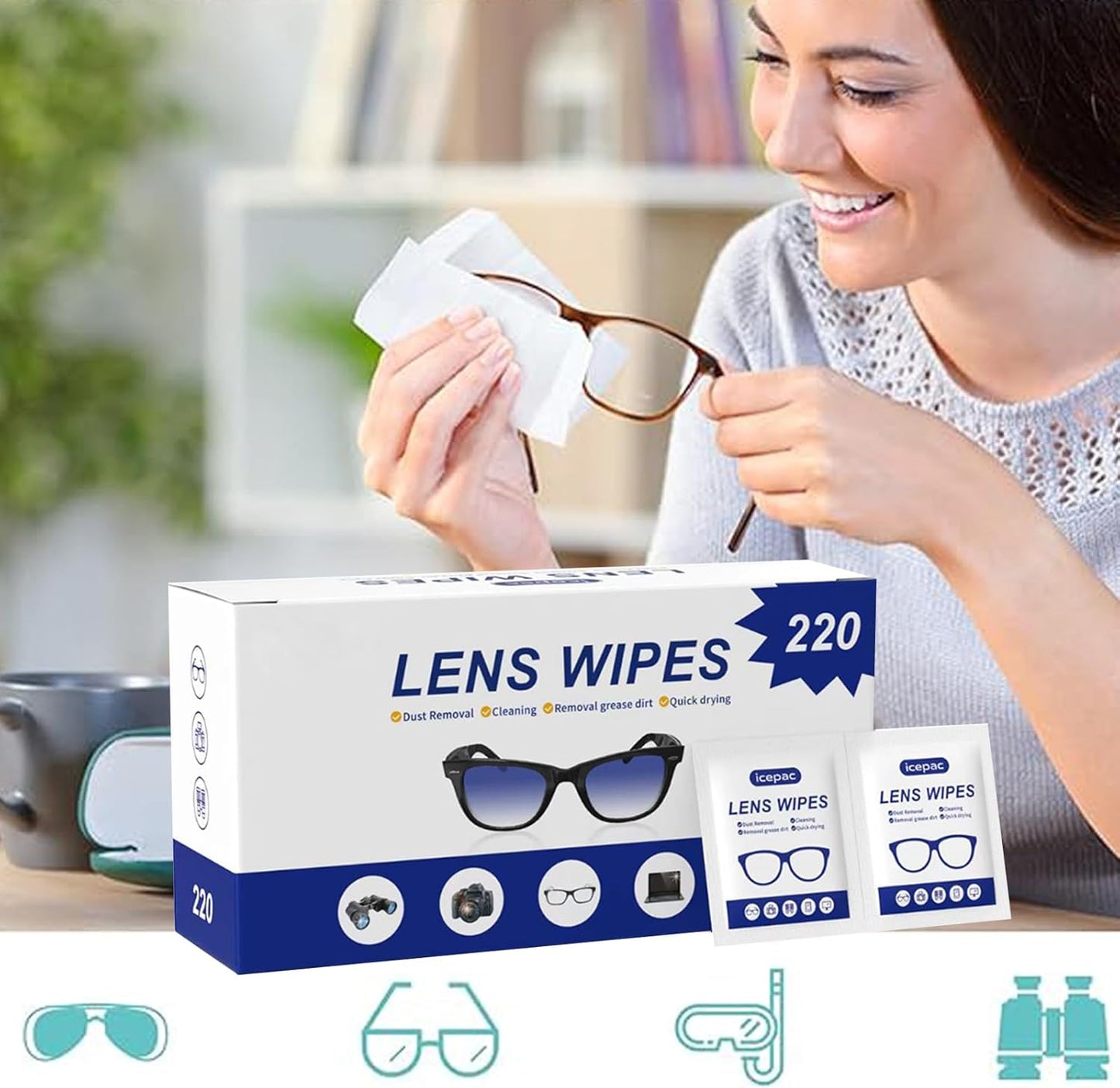 Eyeglass Cleaner Wipes, Sunglasses, Screens - Gentle and Portable for On-the-Go Cleaning of Devices, Lens Wipes for Eyeglasses, Wet Lens, Camera Lenses, Laptops, Etc. Individually Packaged（220 PCS）