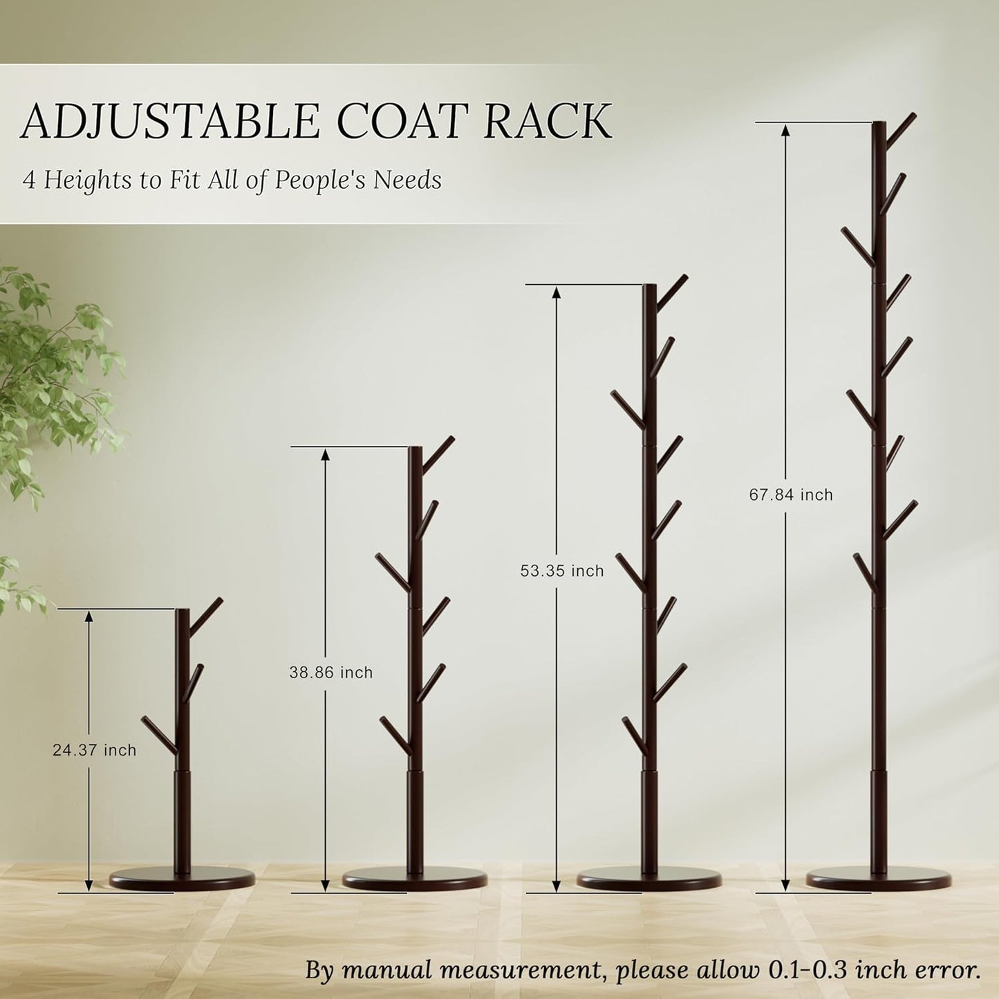 Wooden Freestanding Coat Tree with 4 Height Options and 9 Hooks, Sturdy Coat Rack Stand for Clothes/Bags/Hats, Save Space Coat Rack for Entryway, Bedroom, Office, Narrow Place (Coffee)