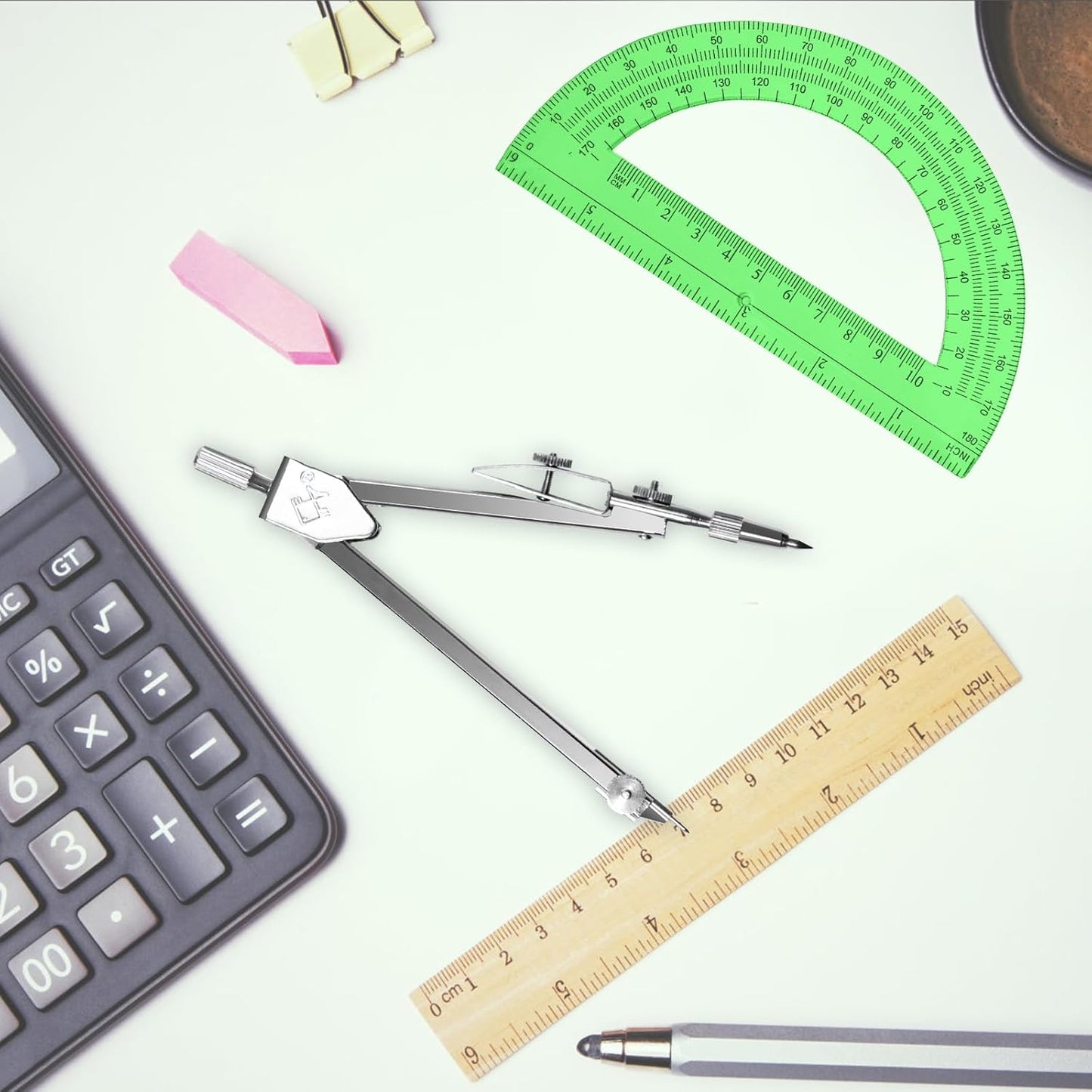 Students Geometry Math Set, Drawing Compass and 6 Inch Transparent Swing arm Protractor 180 Degree Math Protractor (Green)