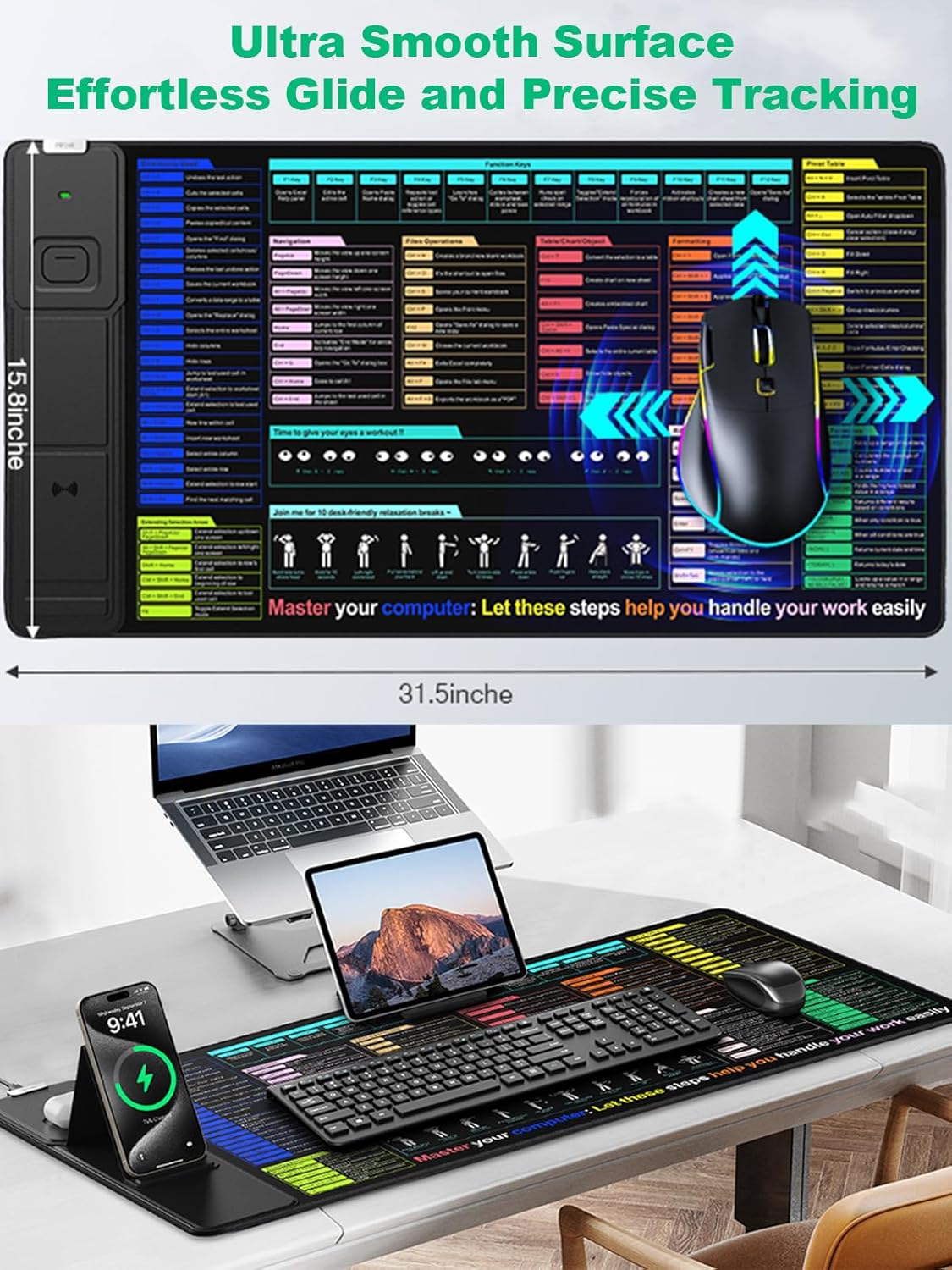 Mouse Pad for Excel/Word/PowerPoint/Windows Shortcut Keys, Desk Pad with Wireless Charger Phone Stand, XXL Large Excel Cheat Sheet Mousepad | PC Office Spreadsheet Desk Mat | Non-Slip Stitched Edge