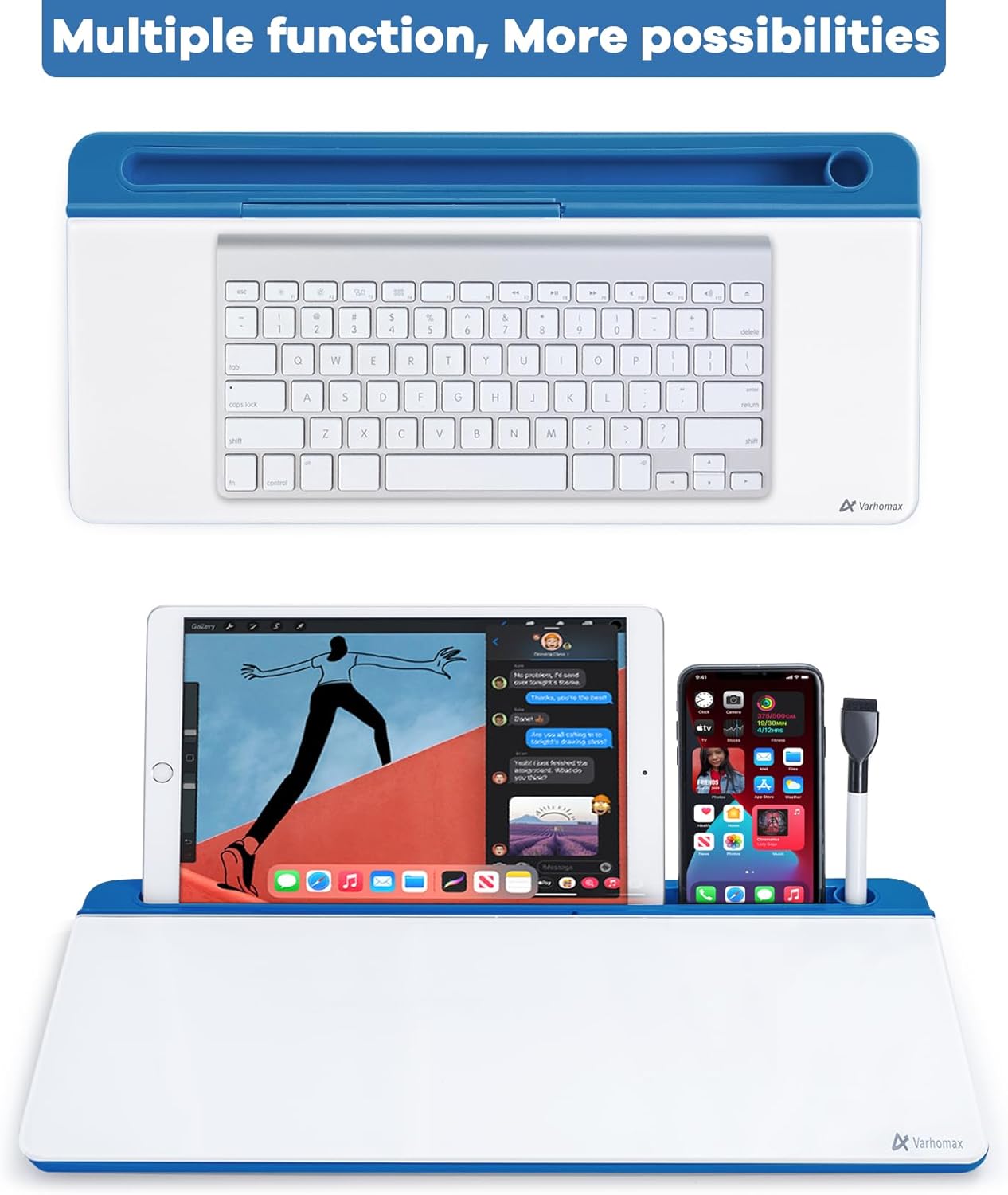 Varhomax Glass Desk Whiteboard with Storage, Desktop Organizer Dry Erase White Board to-do List Memo for Home Office and School Supplies (Blue)