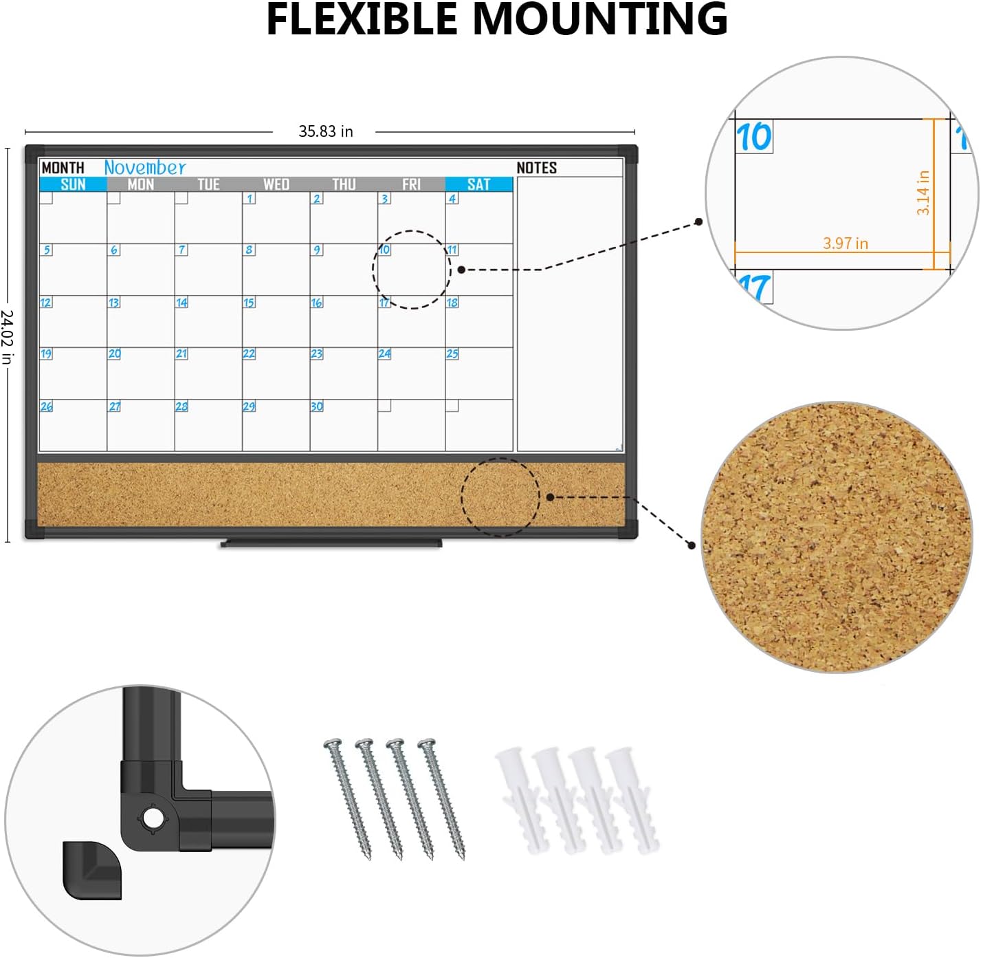 XBoard Dry Erase Calendar Whiteboard 36 X 24 - Combo White Board Calendar Monthly, Magnetic White Board + Corkboard with Black Aluminum Frame, 10 Colorful Push Pins & Marker Tray Included