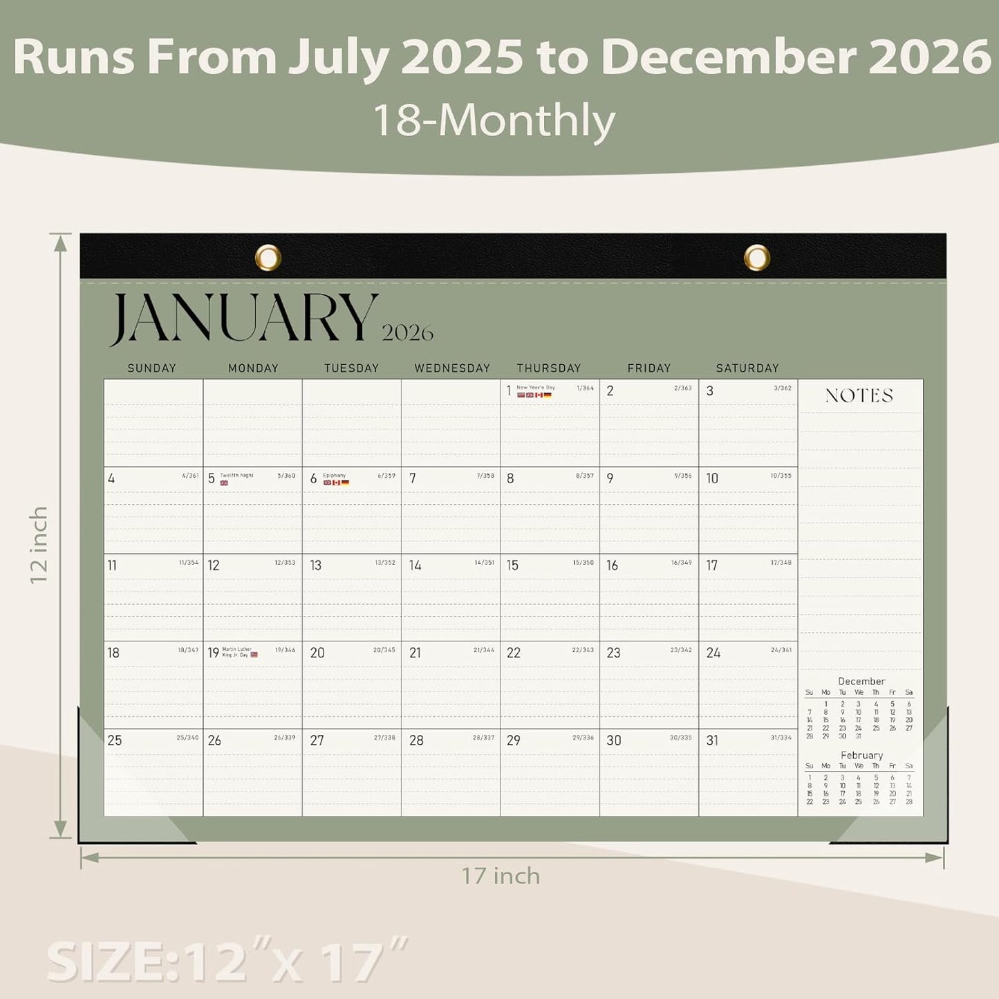 Desk Calendar 2025-2026, 18 Months (July 2025 to December 2026) - Large Size 17" x 12" Desktop/Wall Monthly Calendar with To Do List, Personal Desk Calendar Planner for Home, School, Office - Green