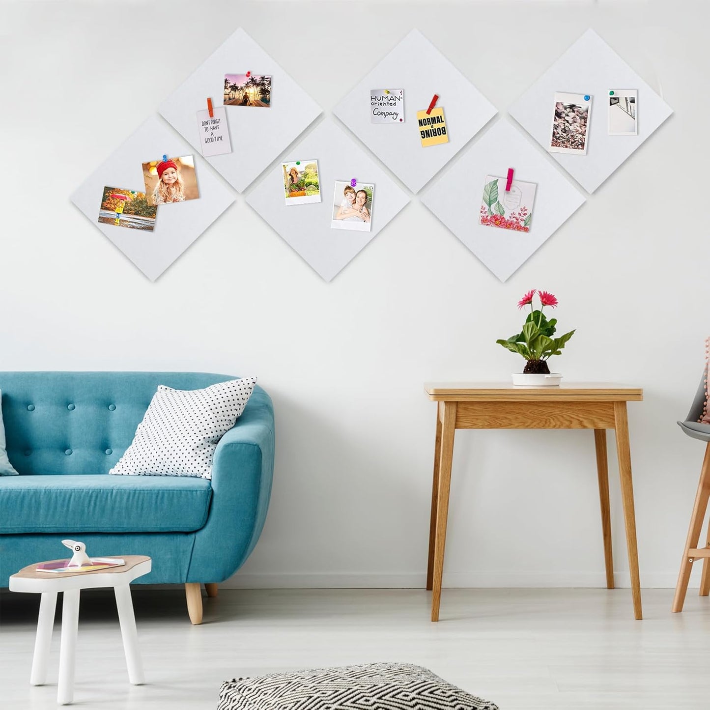 AKTOP White Cork Bulletin Board 12x12, 1/2" Thick Felt Cork Board Tiles 6 Pack, Small Square Pin Board for Wall, Self Adhesive Corkboards with 60 Push Pin Wood Clips for School, Home & Office