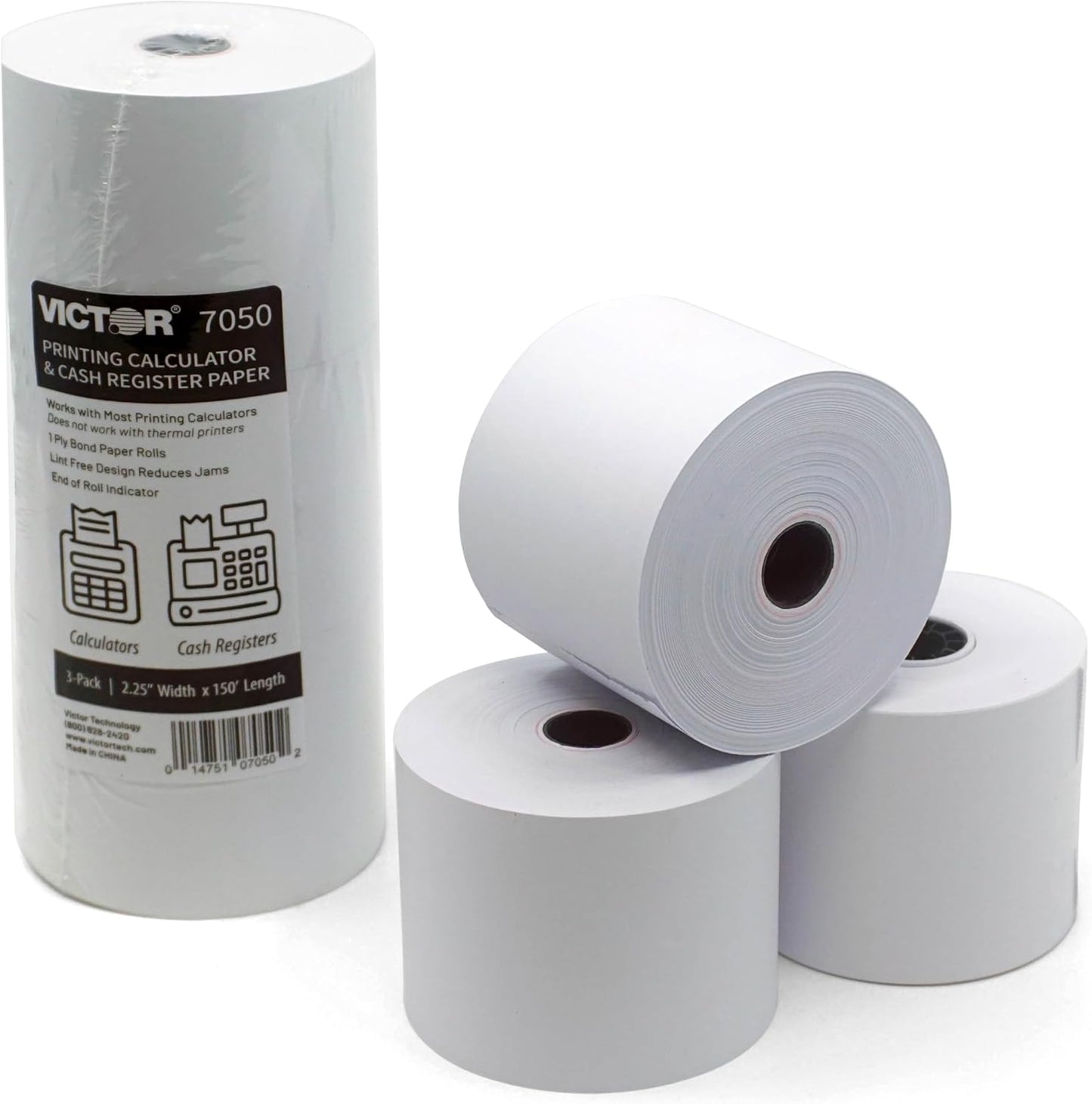 Victor 7050 Compact White Paper Rolls for Handheld and Portable Printing Calculators/Adding Machines/Ink Print Cash Registers 2.25” W x 150' FT (3-Pack)