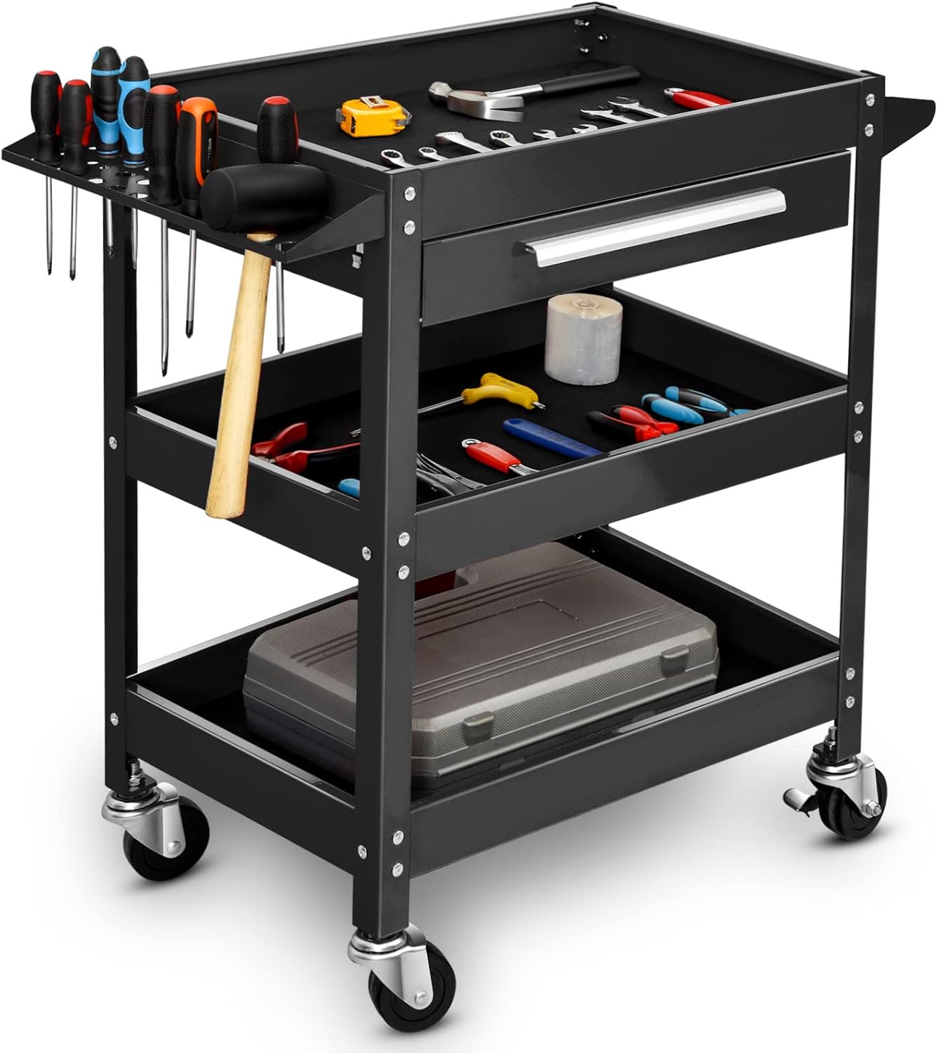 ERGOMASTER Metal Service Utility Cart with Wheels - 500LBS Tool Cart Heavy Duty Rolling 3-Tier Storage Organizer, for Garage Industrial Cart -Black