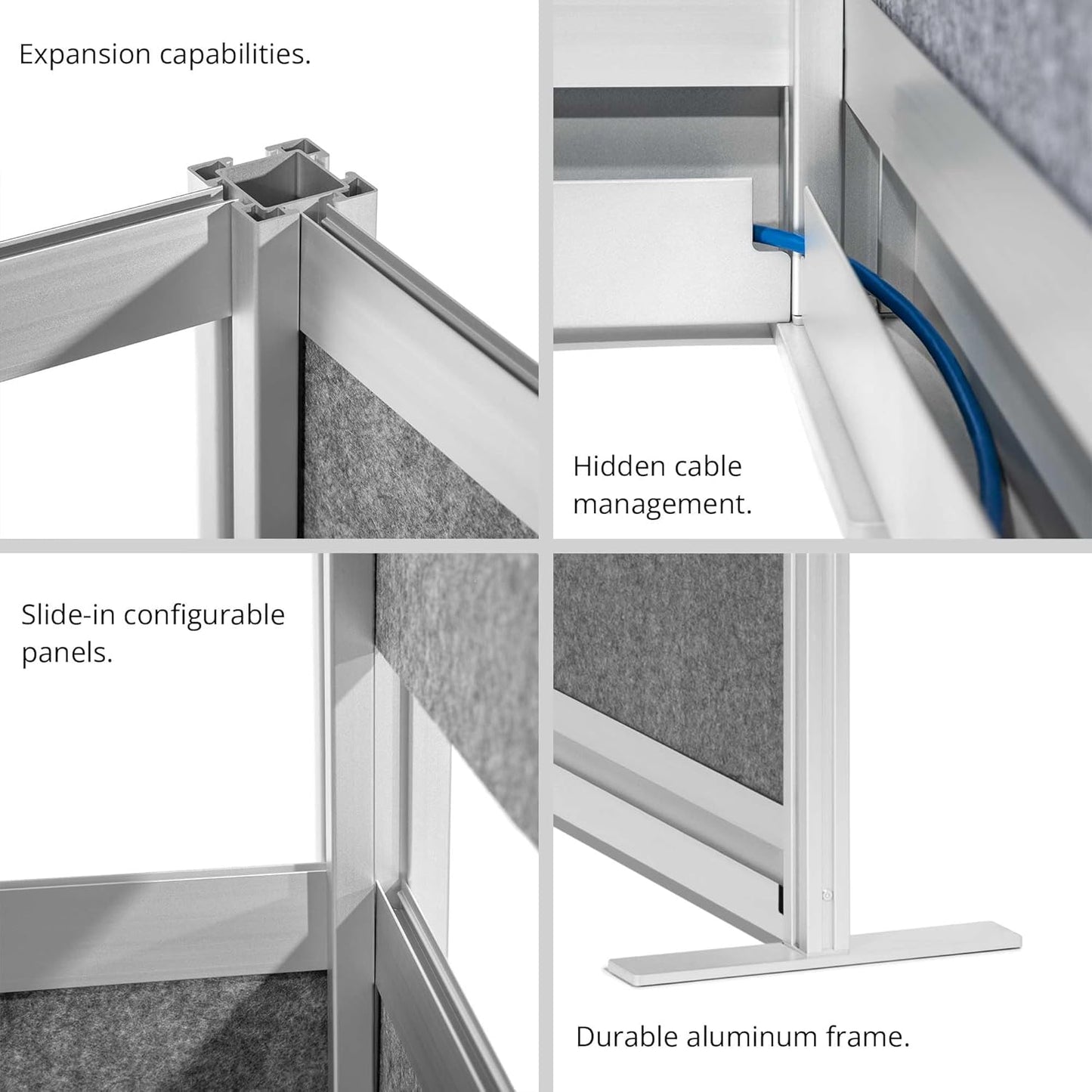 Stand Up Desk Store Workflow Modular Wall | 70'' x 70'' Wall | Expandable Partition Room Divider with Rearrangeable Frosted Acrylic, Sound Absorbent and Whiteboard Wide Panels (Black Frame)