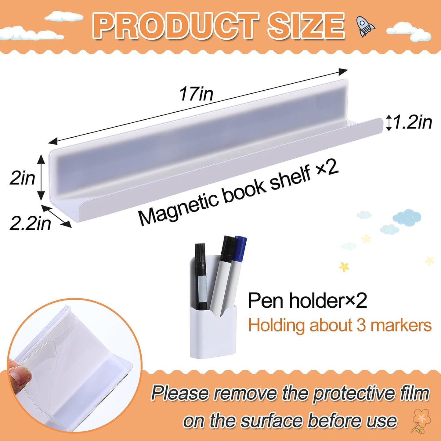 2 Set Acrylic Magnetic Book Shelf & Pen Holder for Whiteboard, 8.8Lbs Bearing Magnetic Books Display Holder for Teacher Classroom Office, White