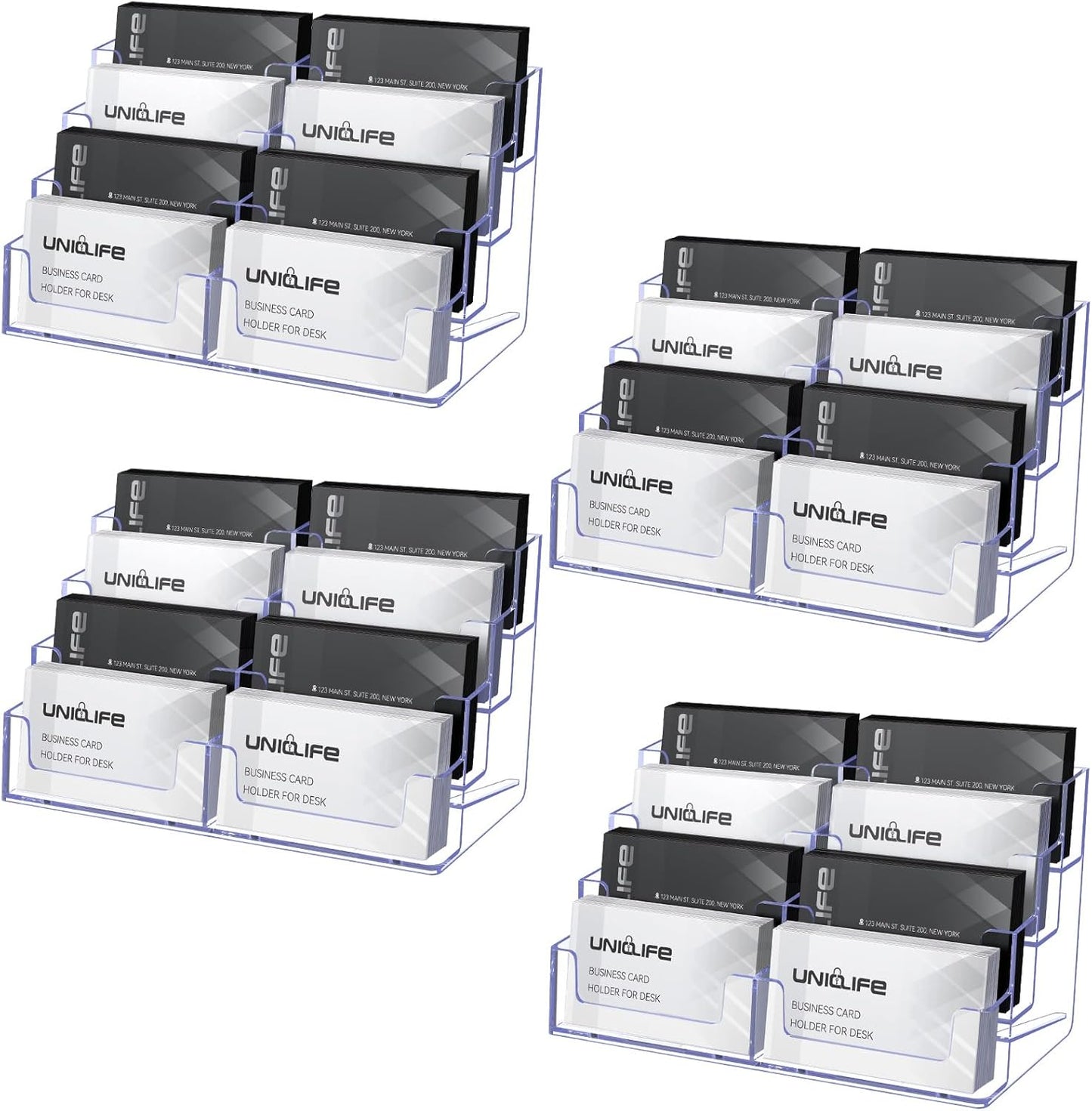 Uniclife 4 Pack Acrylic Business Card Holder for Desk 8 Slots Clear Business Card Display Stand for Men & Women Desktop Business Card Organizer Card Stand for Office Home Exhibition, 480 Card Capacity